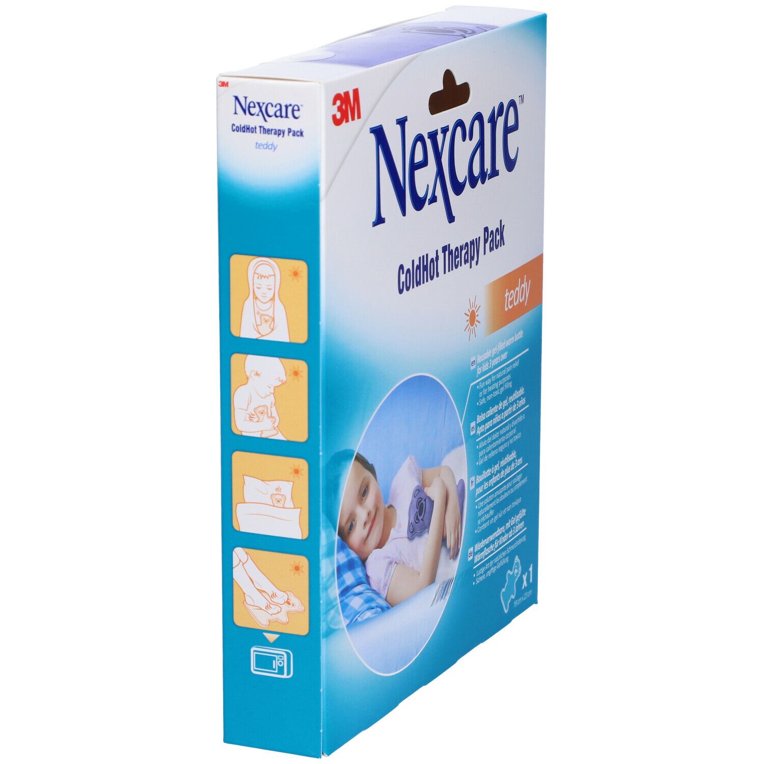 Confezione Nexcare ColdHot Therapy Pack Teddy. Vista laterale con informazioni e pittogrammi.
