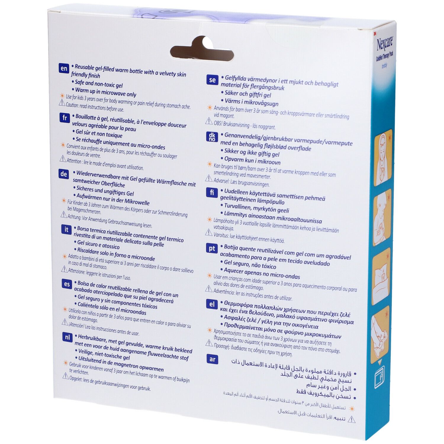 Retro della confezione Nexcare ColdHot Therapy Pack Teddy. Informazioni multilingue sul prodotto.