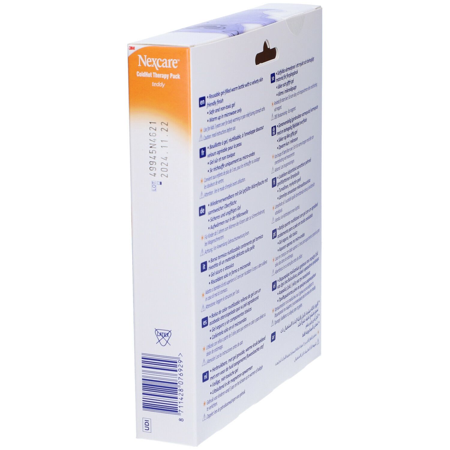 Vista laterale della confezione Nexcare ColdHot Therapy Pack Teddy. Informazioni sul prodotto e data di scadenza.