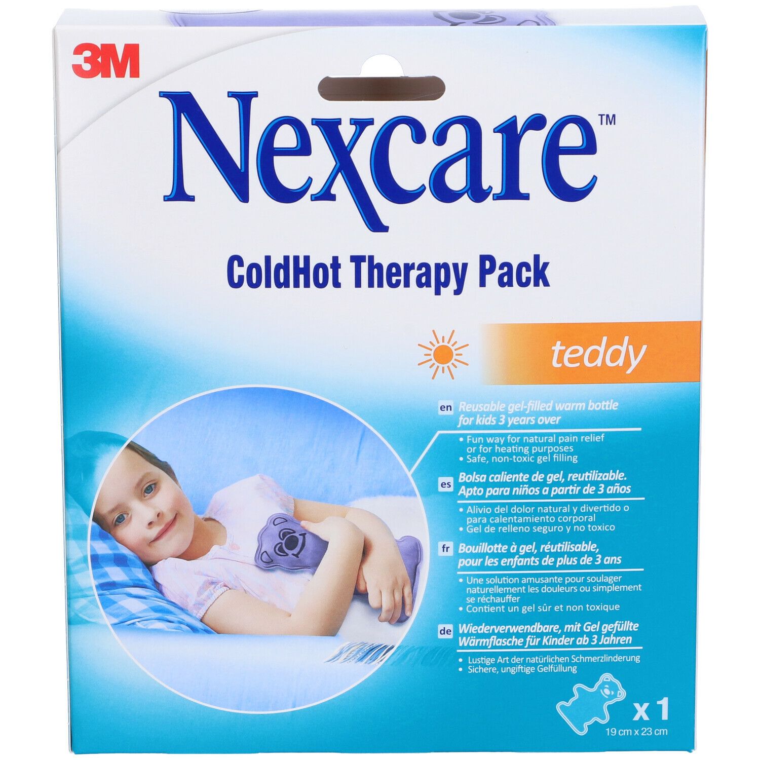 Confezione Nexcare ColdHot Therapy Pack Teddy. Bambina con orsacchiotto sulla confezione. Dimensioni: 10 cm x 23 cm.