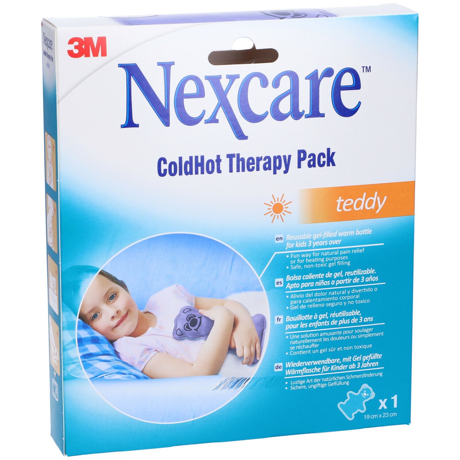 Confezione Nexcare ColdHot Therapy Pack Teddy. Bambina con orsacchiotto sulla confezione. Dimensioni: 10 cm x 23 cm.