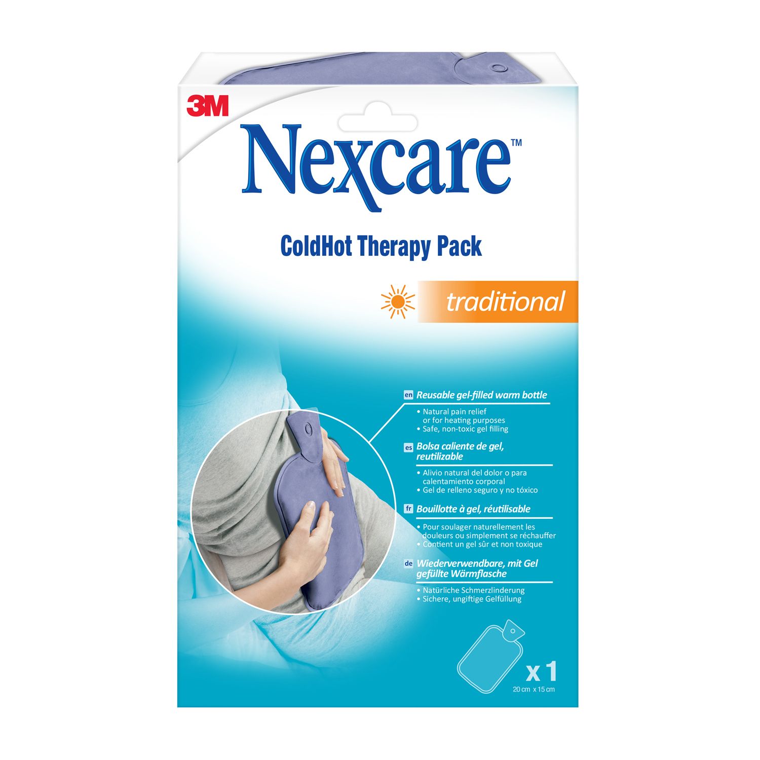 Confezione Nexcare ColdHot Therapy Pack. Borraccia blu, tradizionale. Nome e logo del prodotto visibili.