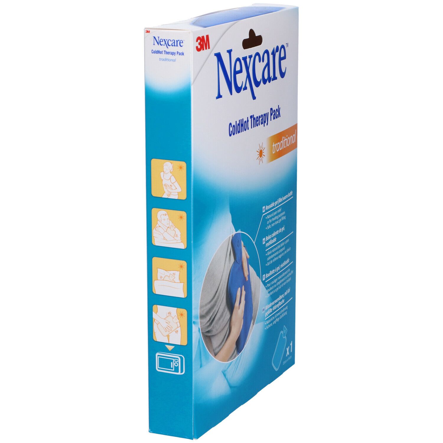 Vista laterale della confezione Nexcare ColdHot Therapy Pack. Nome e logo del prodotto visibili. Illustrazioni.