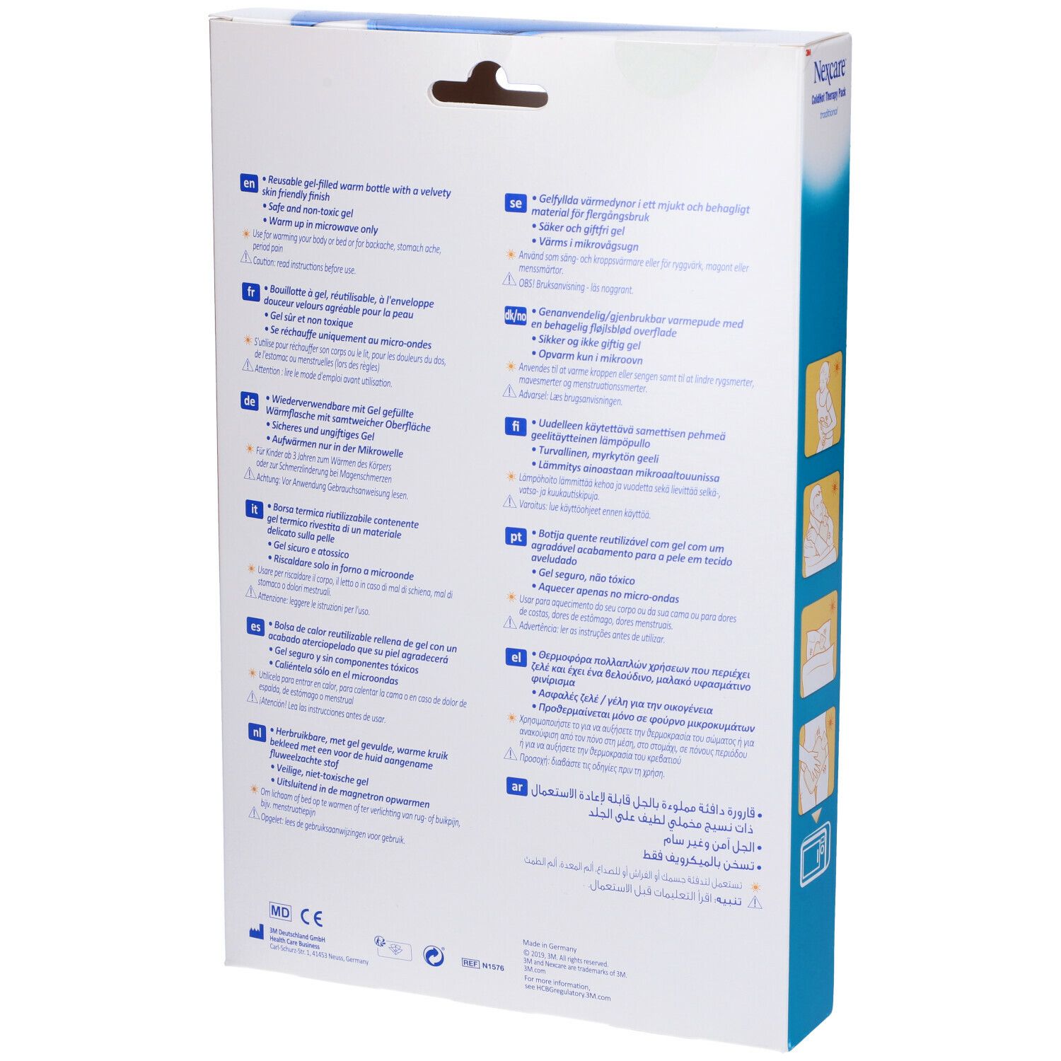 Retro della confezione con informazioni sul prodotto. Testo multilingue. Nexcare ColdHot Therapy Pack.