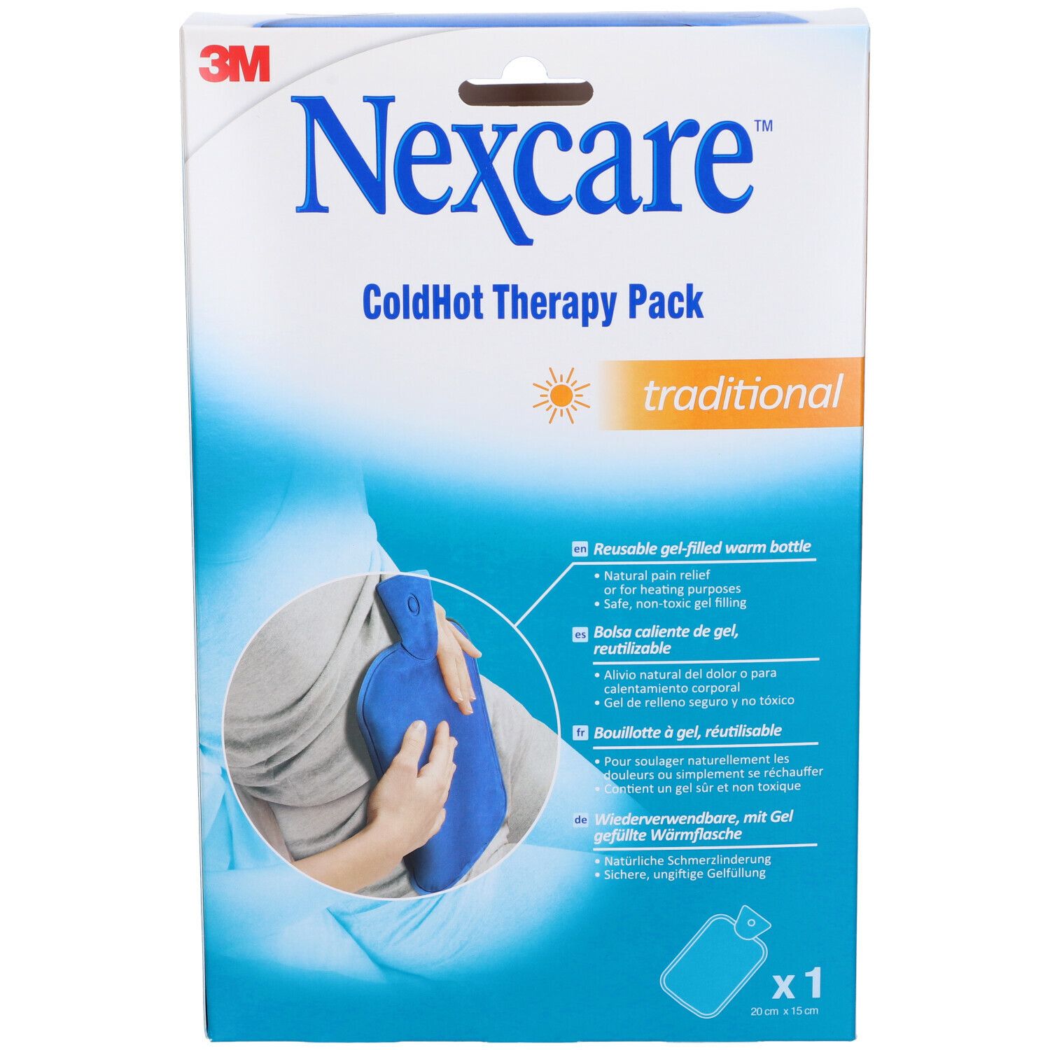 Confezione Nexcare ColdHot Therapy Pack. Borraccia blu, tradizionale. Nome e logo del prodotto visibili.