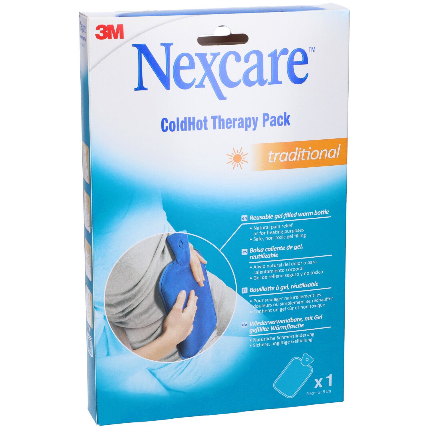 Confezione Nexcare ColdHot Therapy Pack. Borraccia blu, tradizionale. Nome e logo del prodotto visibili.