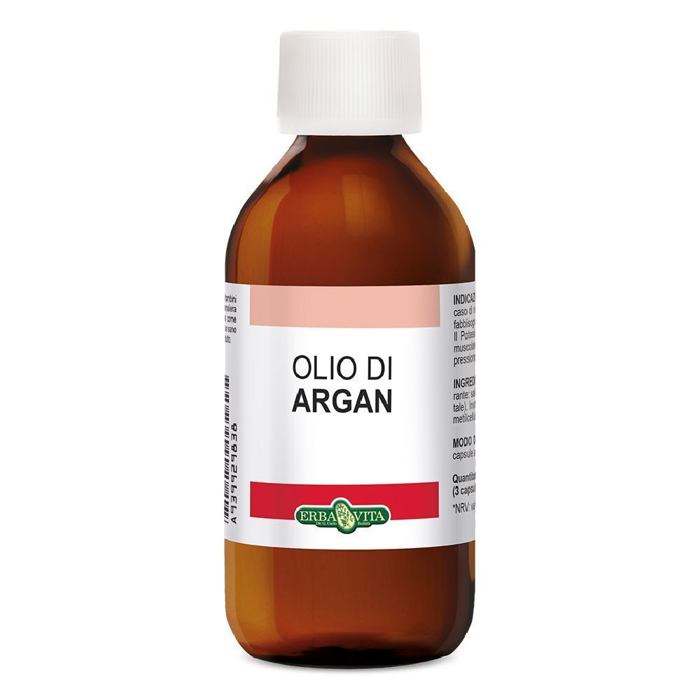 Flacone di vetro marrone con tappo bianco. Scritta: Olio di Argan. Marchio: Erba Vita.