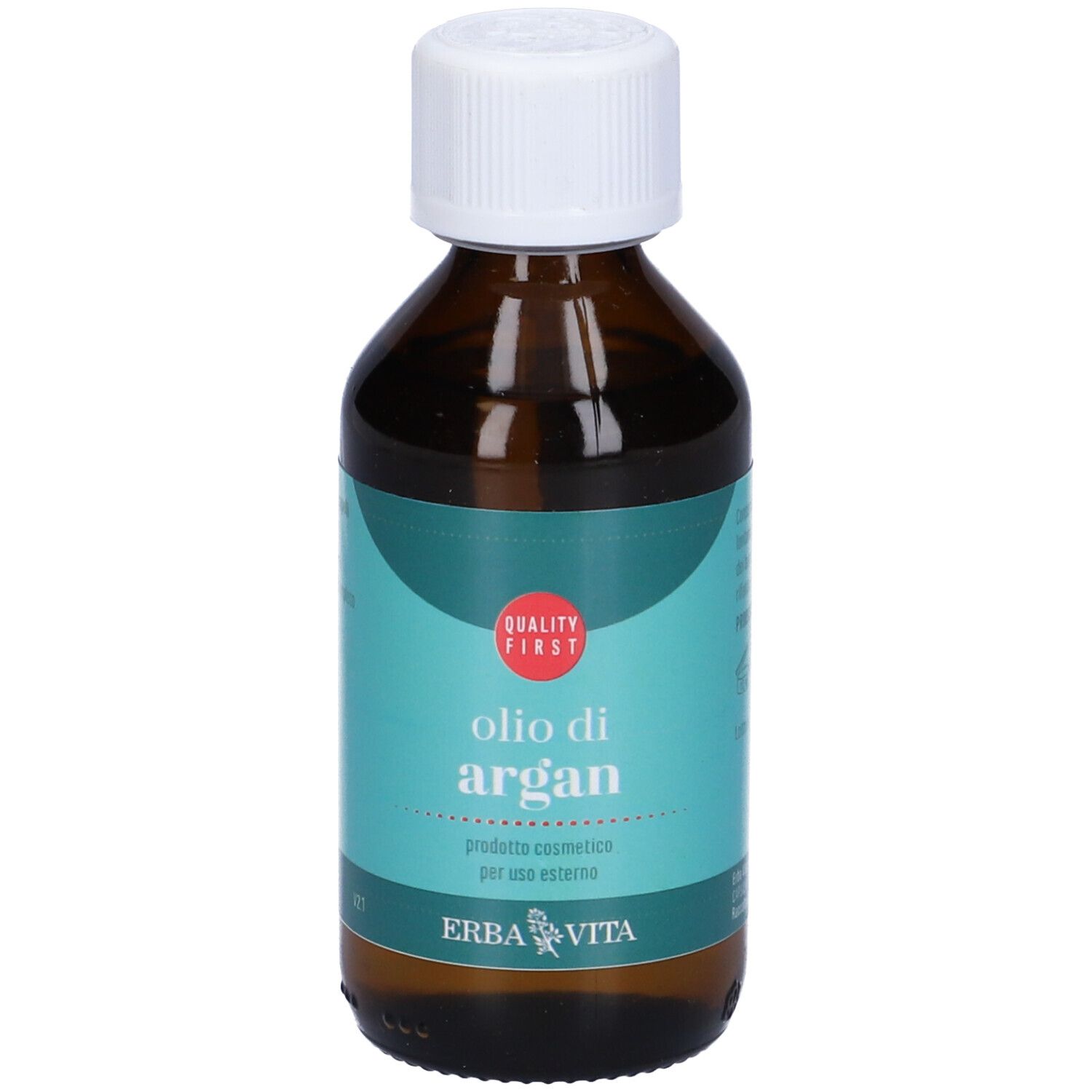 Flacone marrone con tappo bianco. Scritta: Olio di Argan. Marchio: Erba Vita. Marchio di qualità.