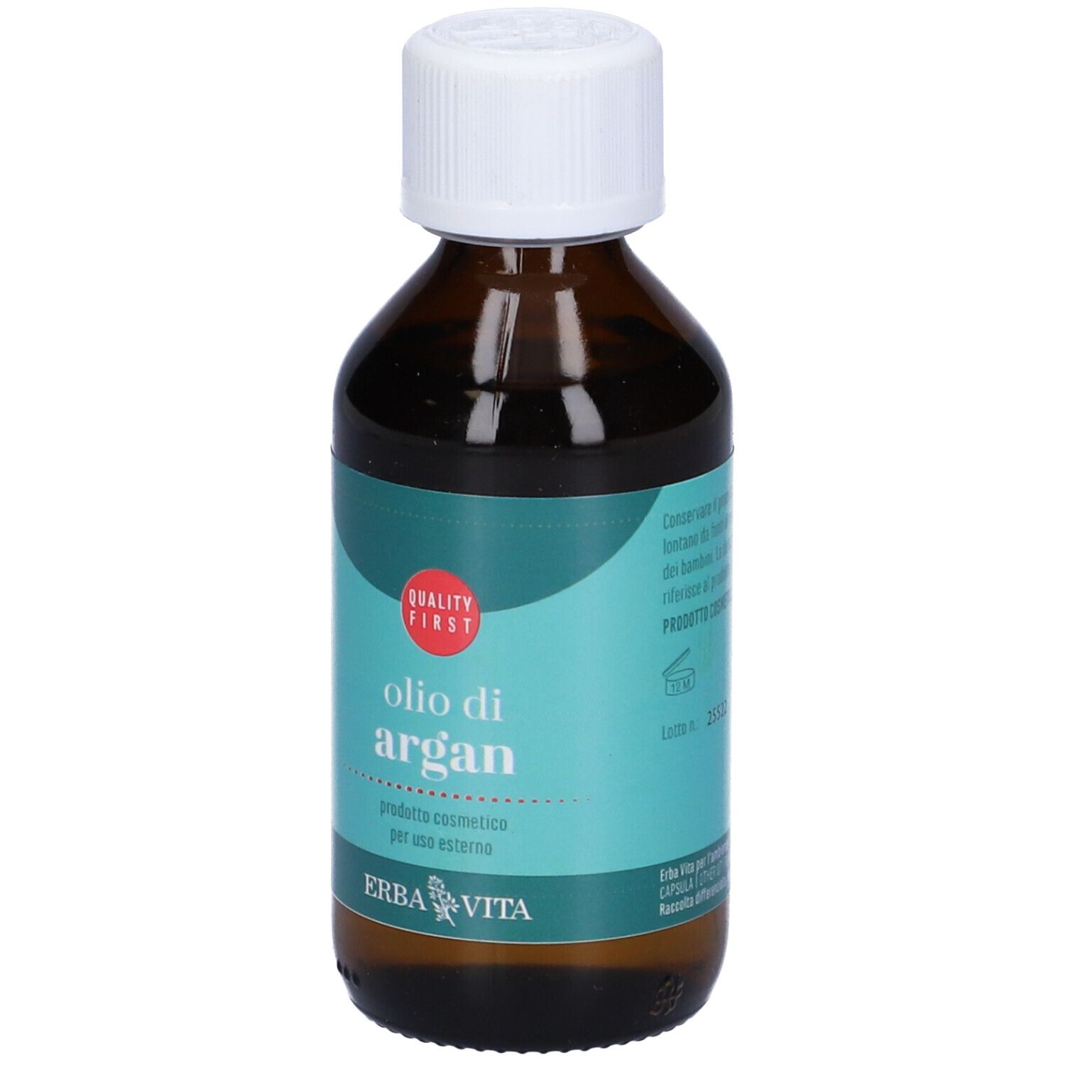 Flacone marrone con tappo bianco. Scritta: Olio di Argan. Marchio: Erba Vita. Marchio di qualità.