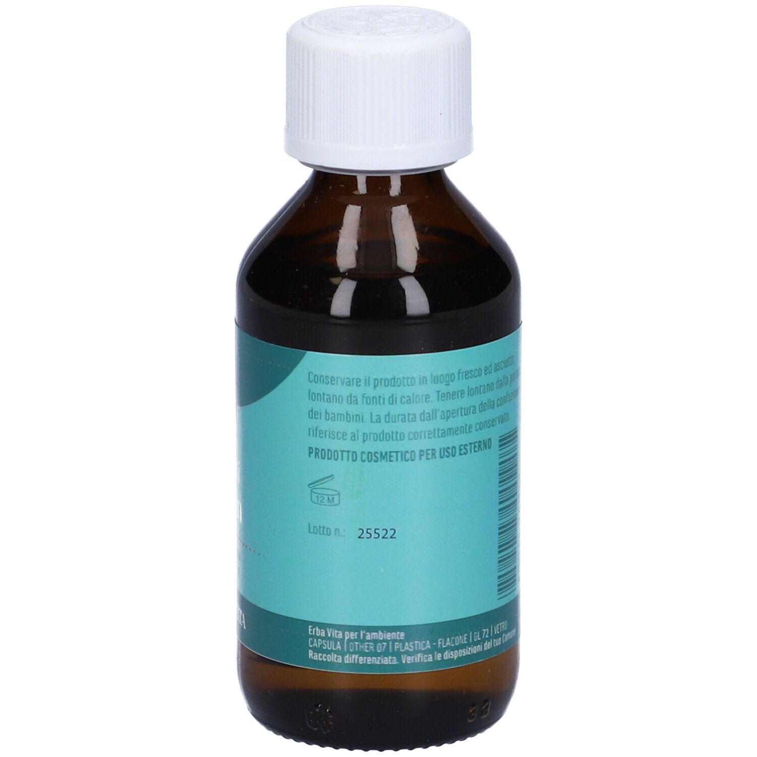 Flacone marrone con tappo bianco. Informazioni su etichetta blu. Marchio: Erba Vita.