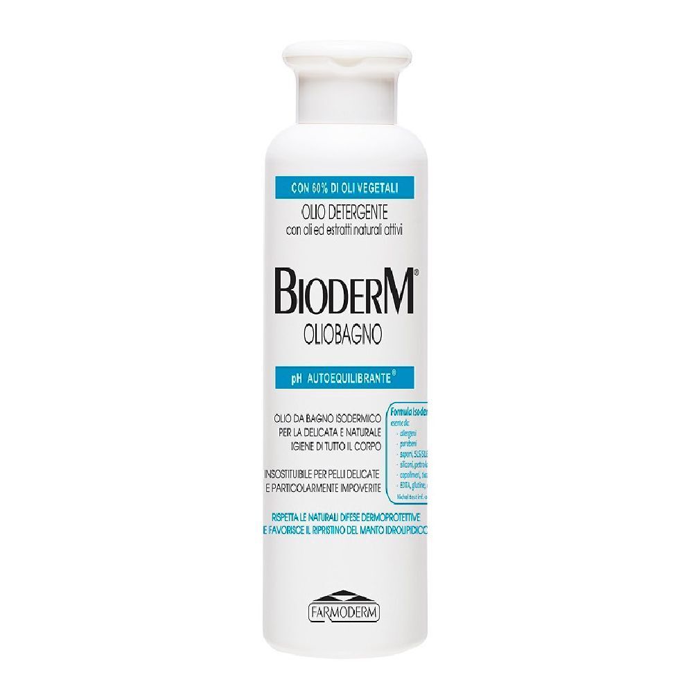 Flacone bianco con etichetta blu. Scritta: Bioderm Oliobagno. Nome del prodotto e pH.