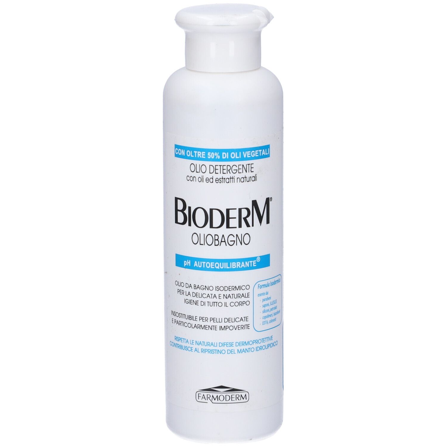 Flacone bianco con etichetta blu. Scritta: Bioderm Oliobagno. Nome del prodotto e pH.