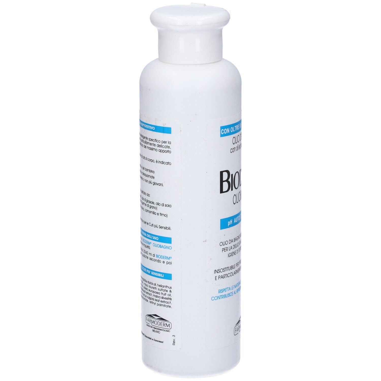 Flacone bianco, retro con testo. Nome prodotto Bioderm Oliobagno. Testo in italiano.