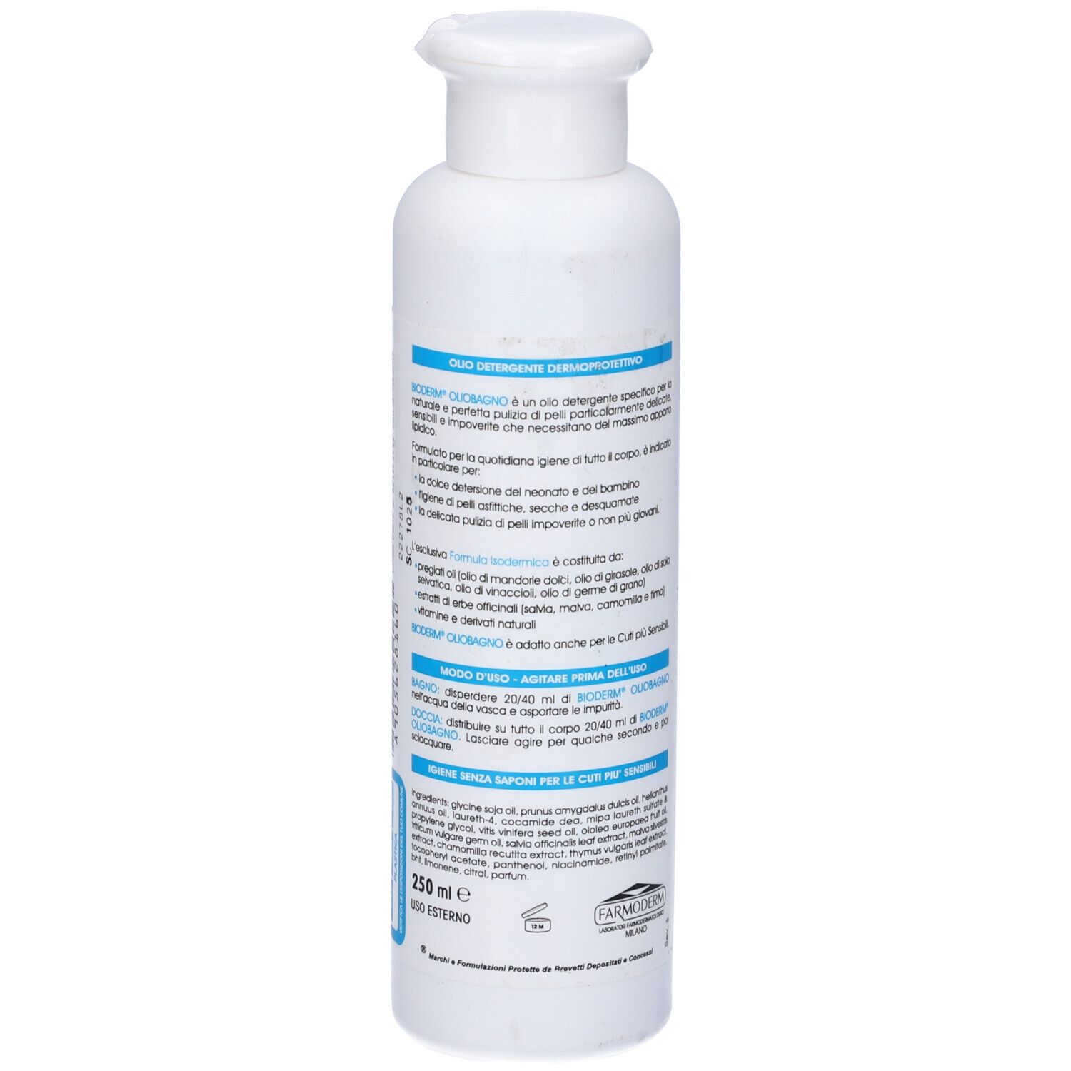 Flacone bianco, retro con testo. Nome prodotto Bioderm Oliobagno. Testo in italiano.