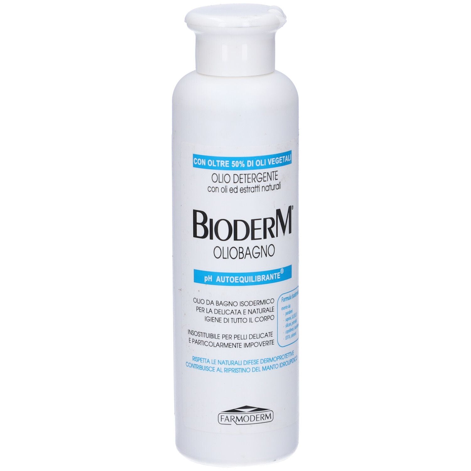 Flacone bianco con etichetta blu. Scritta: Bioderm Oliobagno. Nome del prodotto e pH.