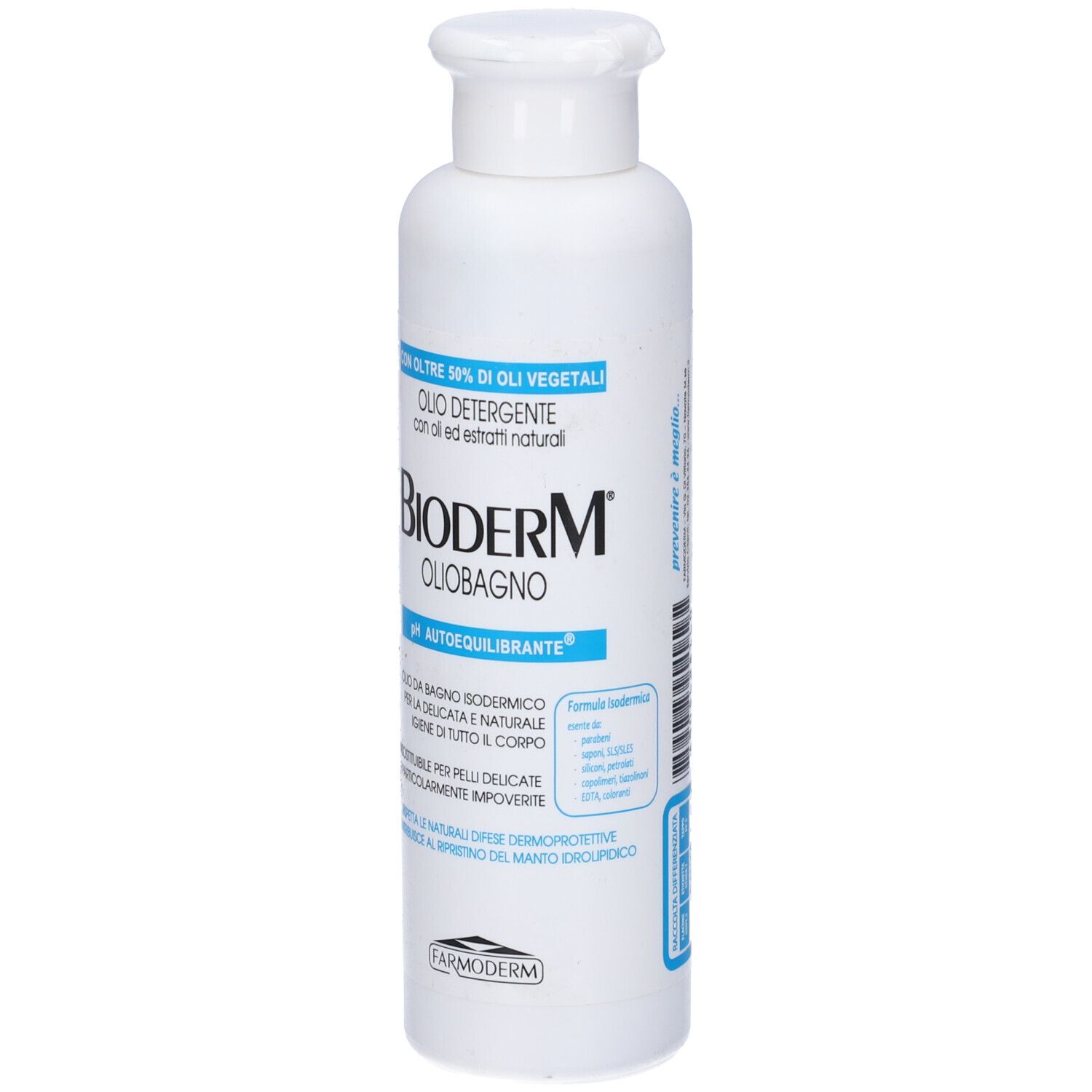 Flacone bianco con etichetta blu. Scritta: Bioderm Oliobagno. Nome del prodotto e pH.