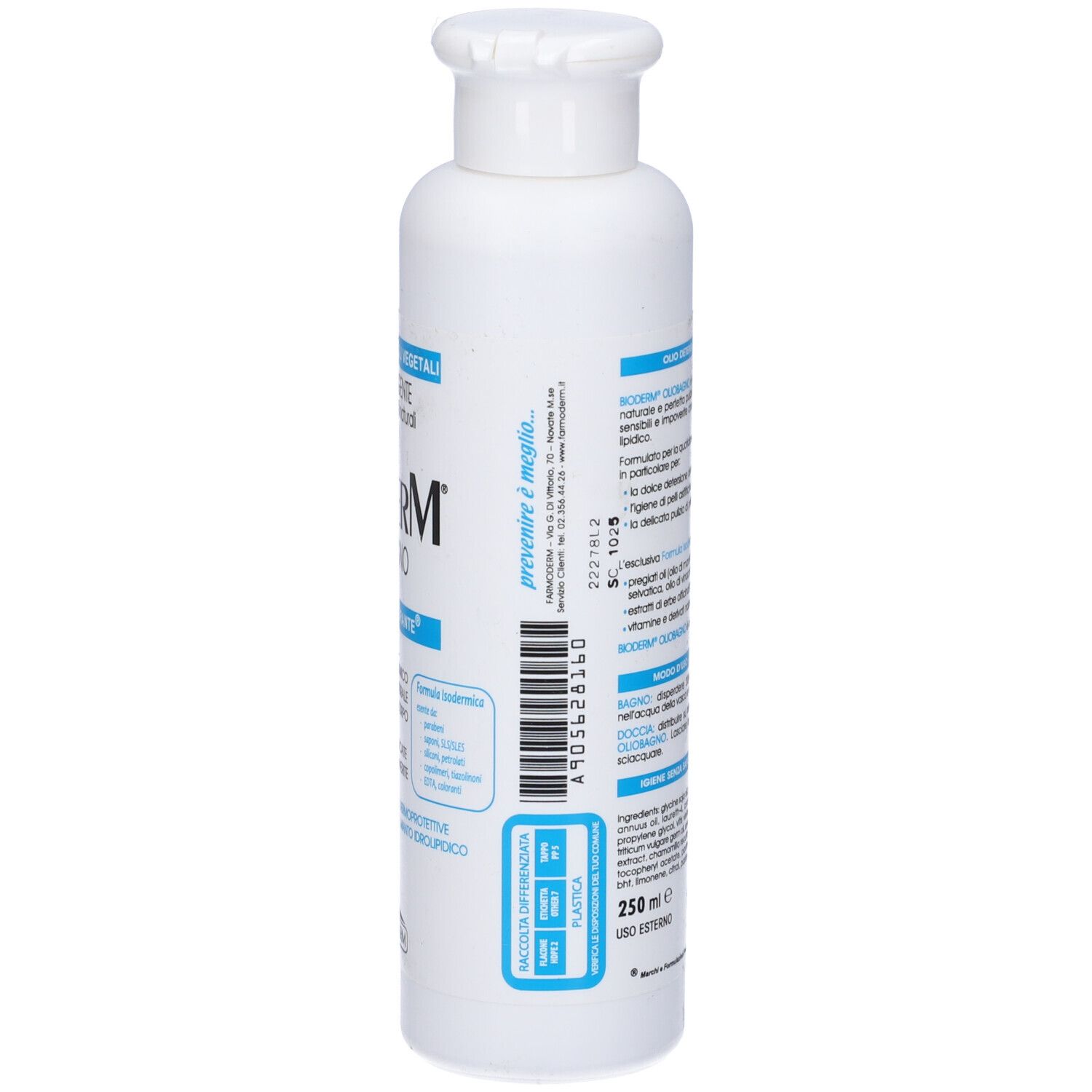 Flacone bianco, retro con testo e codice a barre. Nome prodotto Bioderm Oliobagno. 250 ml.