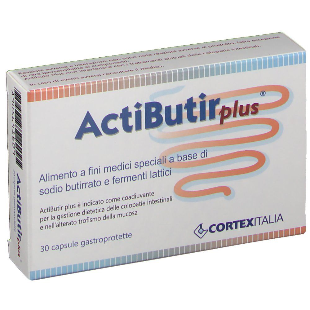Scatola ActiButir plus. Scritto: 'Alimento a fini medici speciali'. Contiene 30 capsule.