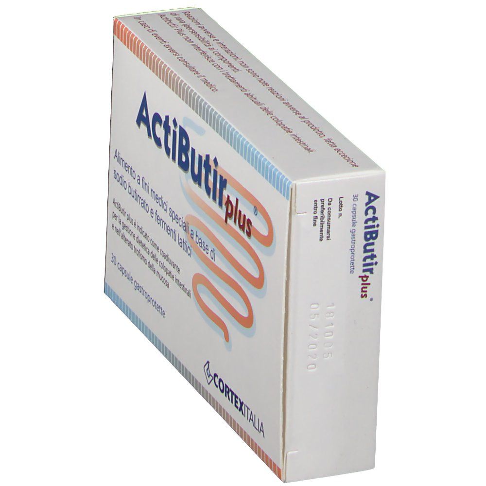 Scatola ActiButir plus, angolata. Scritto: 'Alimento a fini medici speciali'. Contiene 30 capsule.