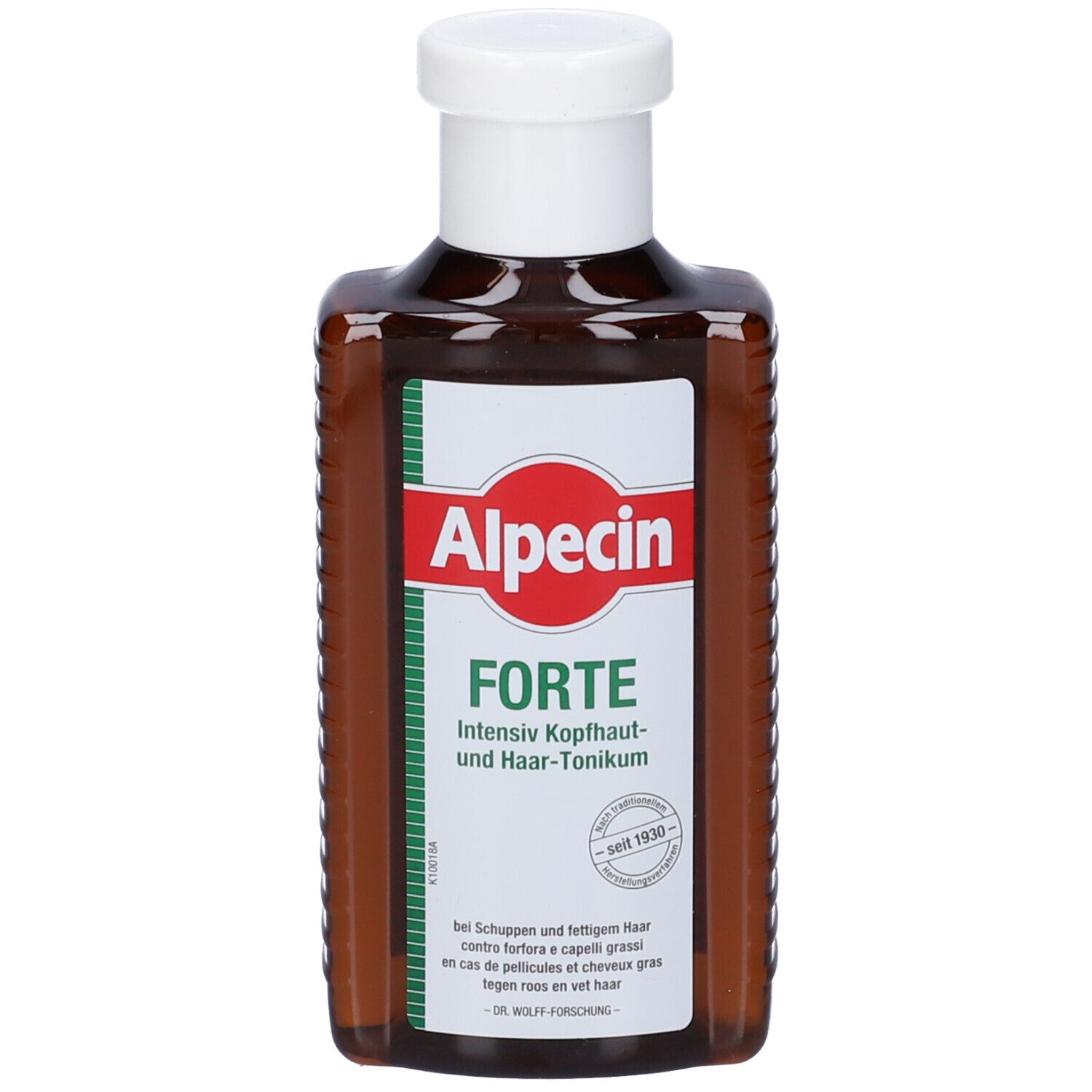 Flacone marrone con tappo bianco. Etichetta Alpecin Forte. Testo: Tonico intensivo per cute e capelli.