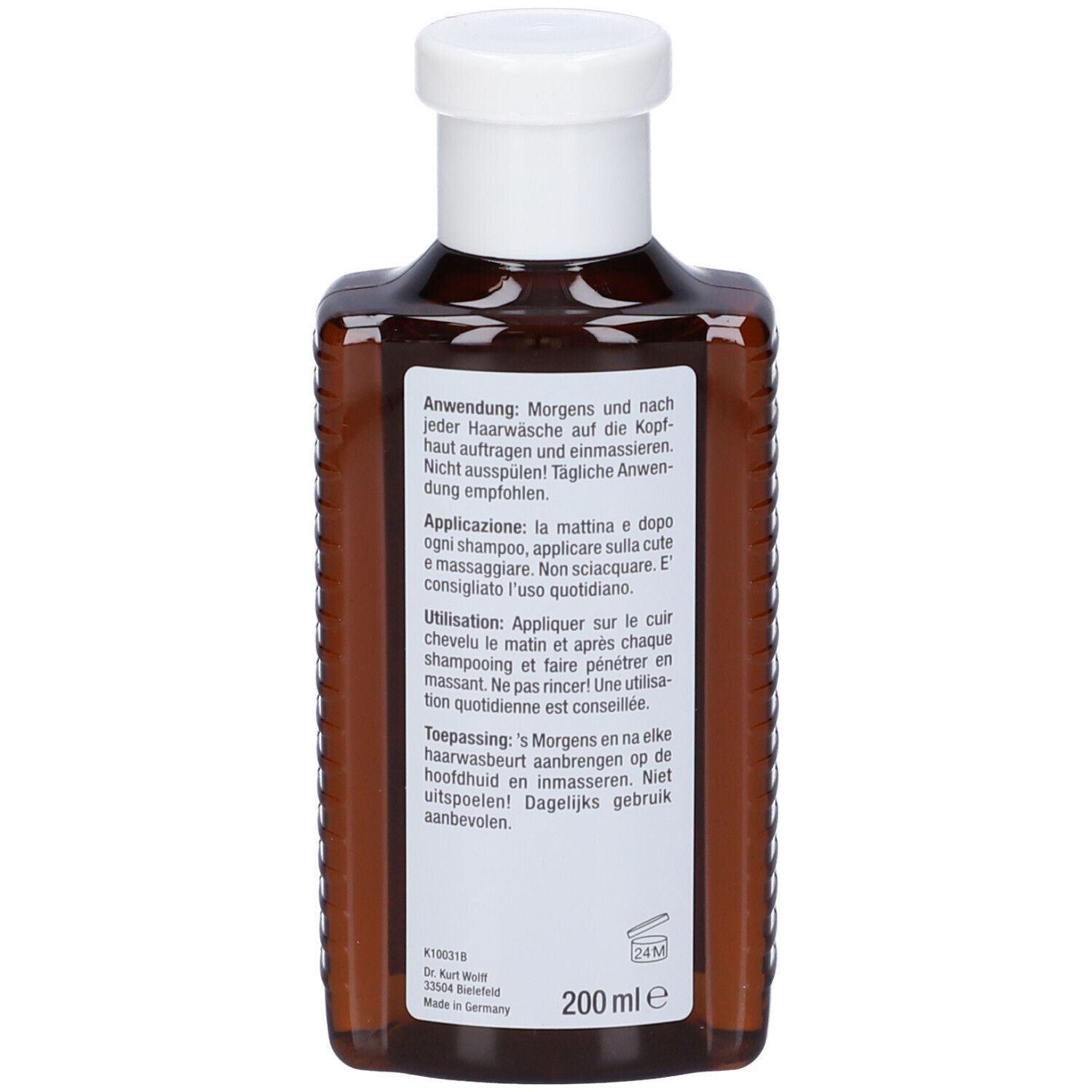 Retro del flacone marrone. Testo: Applicazione, ingredienti, 200 ml. Prodotto in Germania.