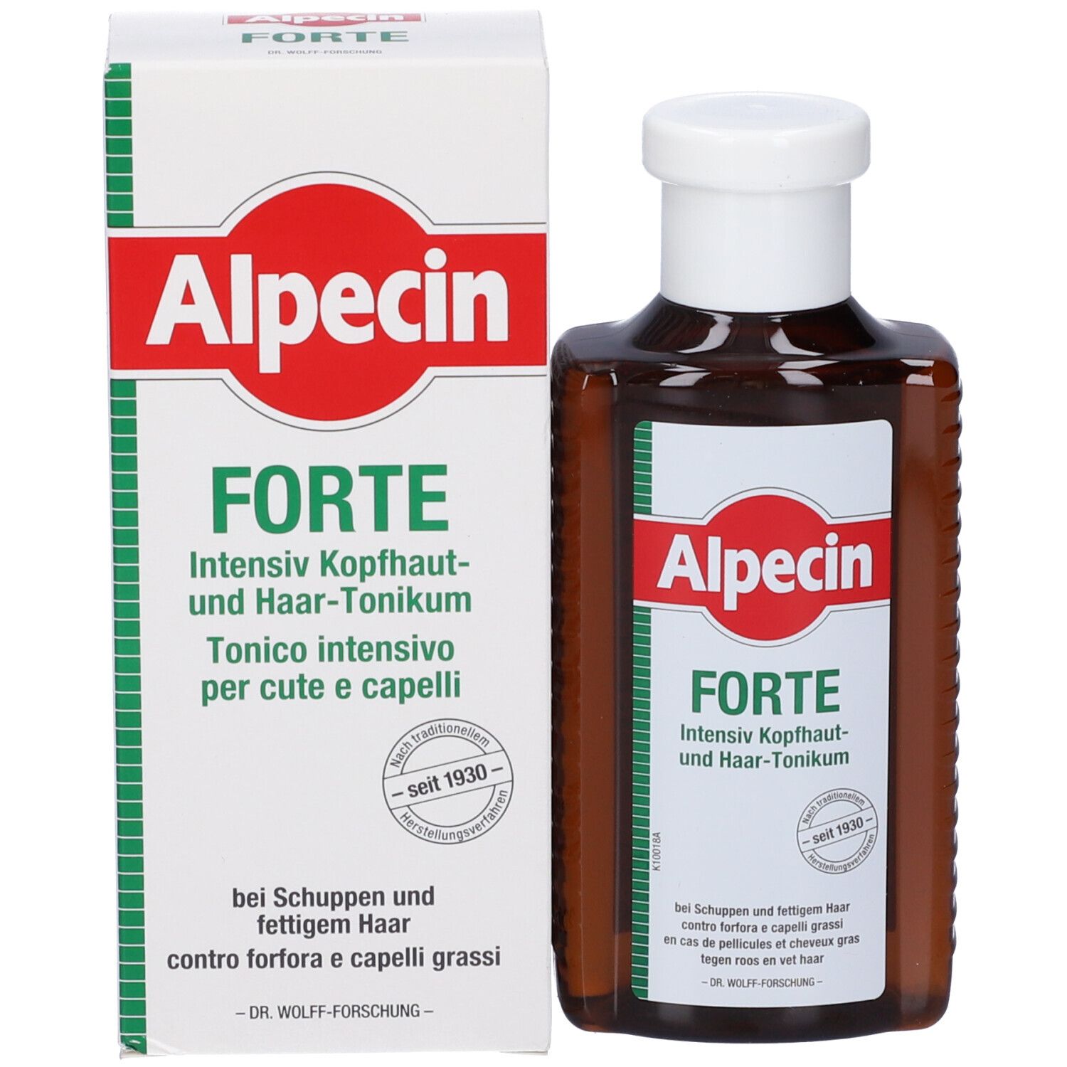 Prodotto e confezione. Flacone e scatola Alpecin Forte. Scritta rossa su sfondo bianco.