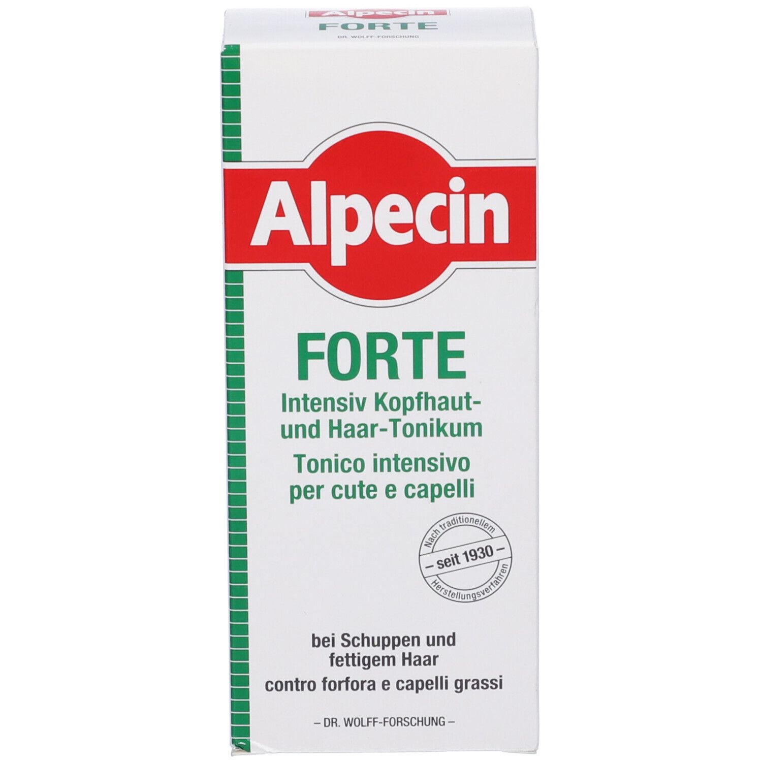 Scatola bianca con logo rosso. Testo: Alpecin Forte, Tonico intensivo per cute e capelli. Striscia verde.