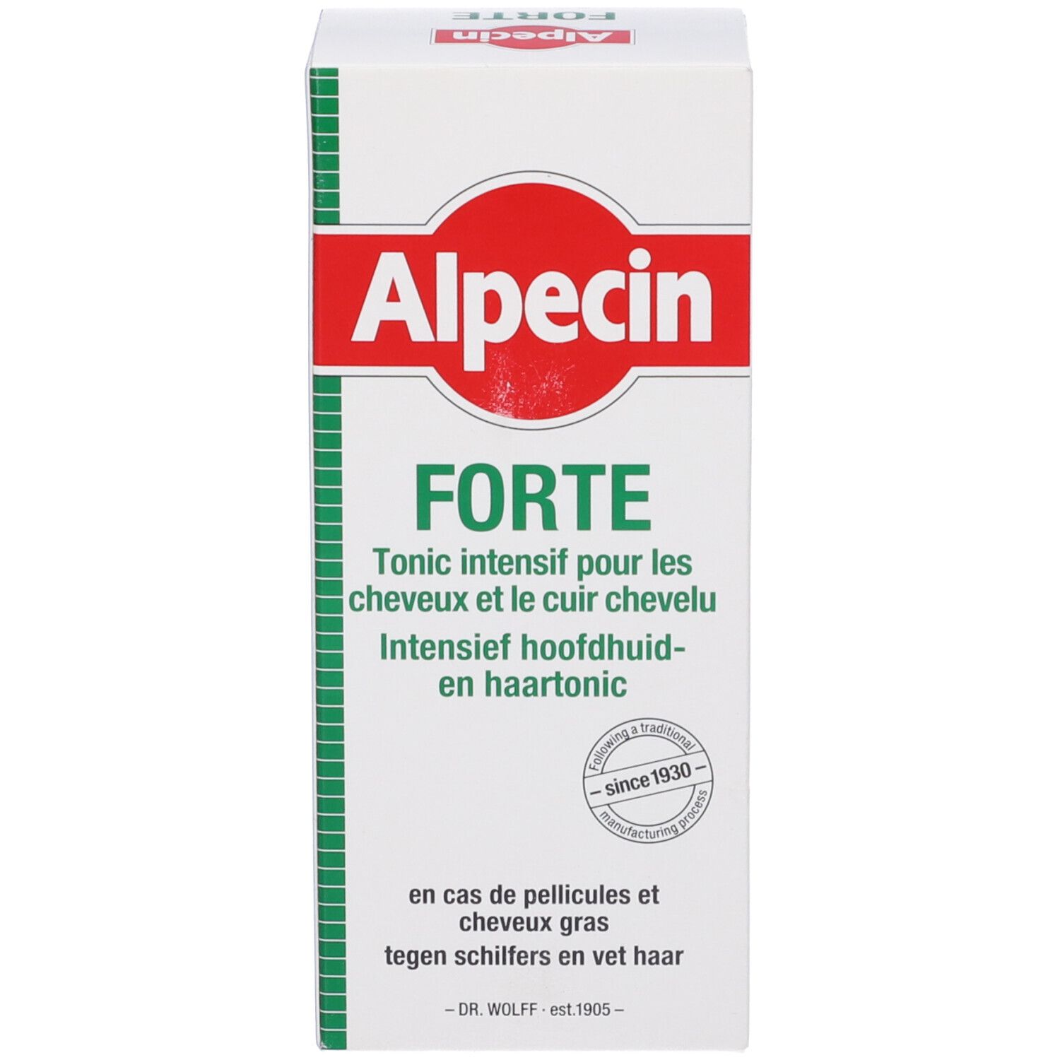Scatola bianca con logo rosso. Testo: Alpecin Forte, Tonico intensivo per i capelli e il cuoio capelluto. Striscia verde.