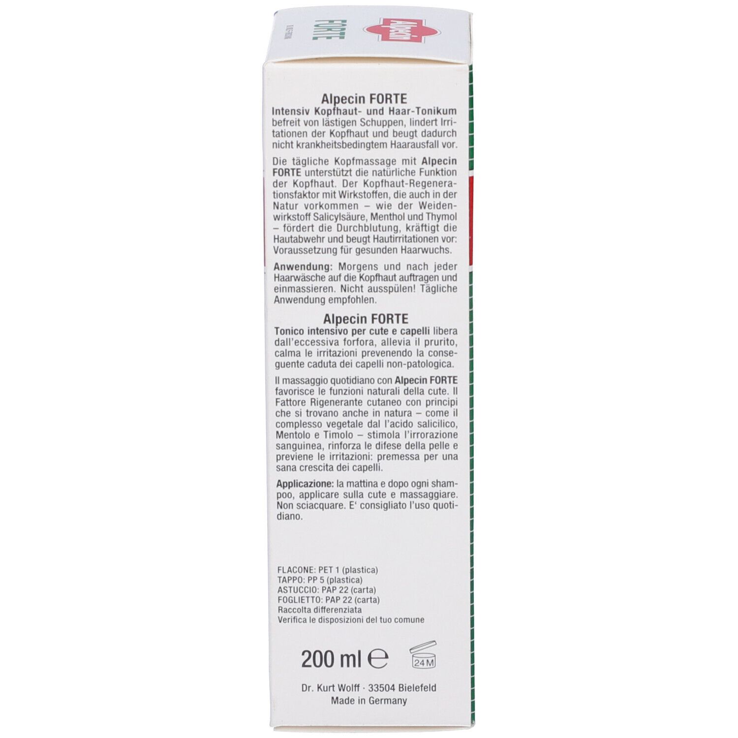 Retro della scatola. Testo: Applicazione, ingredienti, 200 ml. Prodotto in Germania. Logo croce rossa.