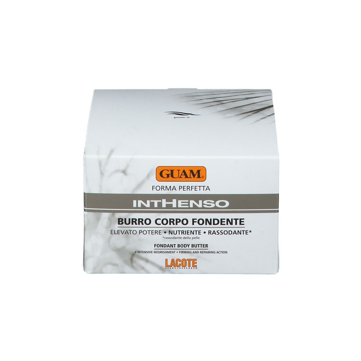Karton mit Produktnamen und Logo. Text: Burro Corpo Fondente, Inthsenso, Guam.