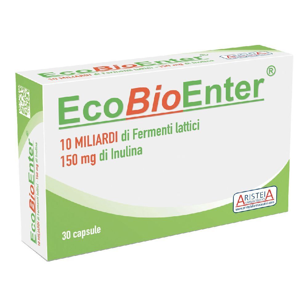 Confezione di EcoBioEnter. Contiene 10 miliardi di fermenti lattici e 150 mg di inulina. 30 capsule. Marchio Aristeia.