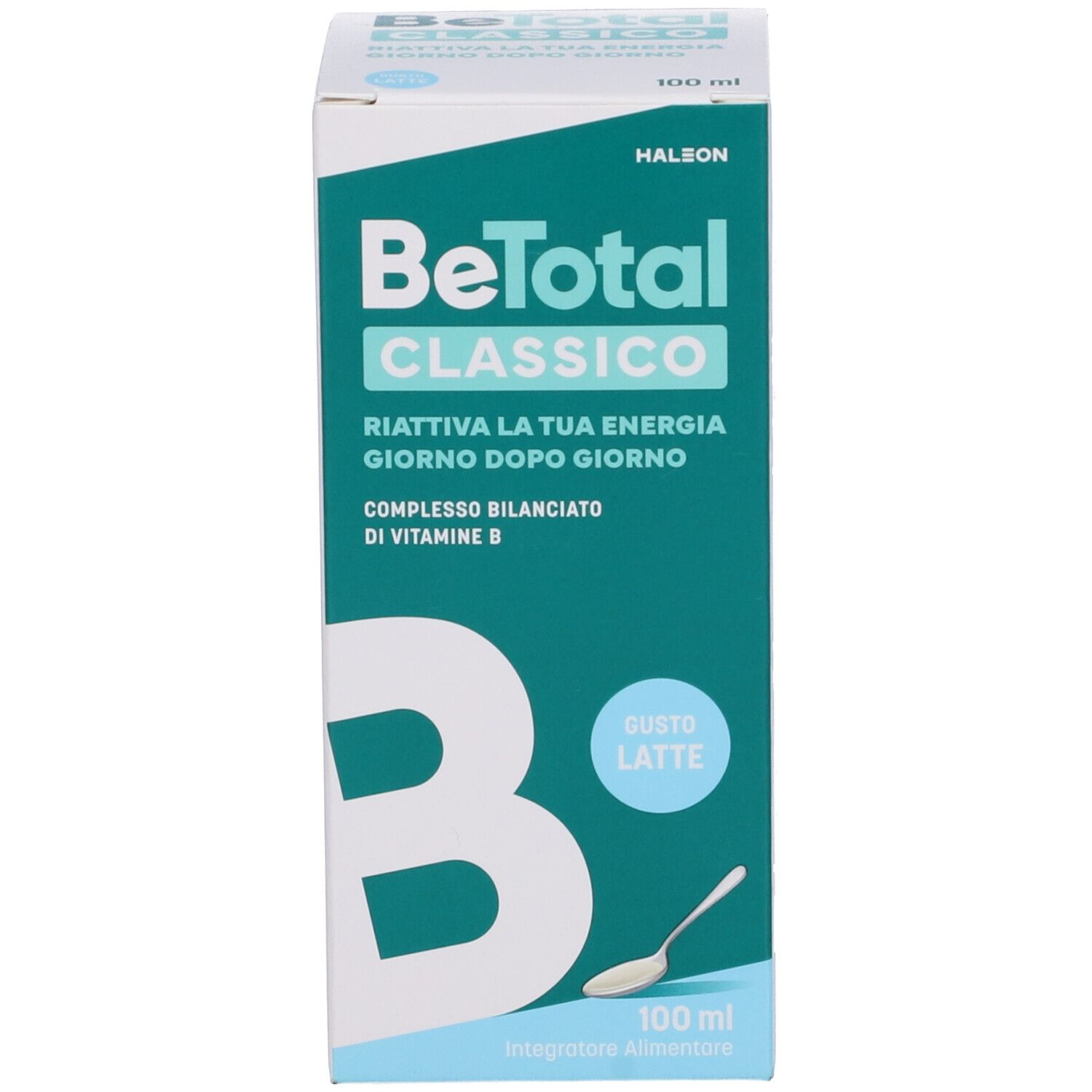 Be Total Classic. Confezione con informazioni. Gusto latte. Complesso vitamina B.