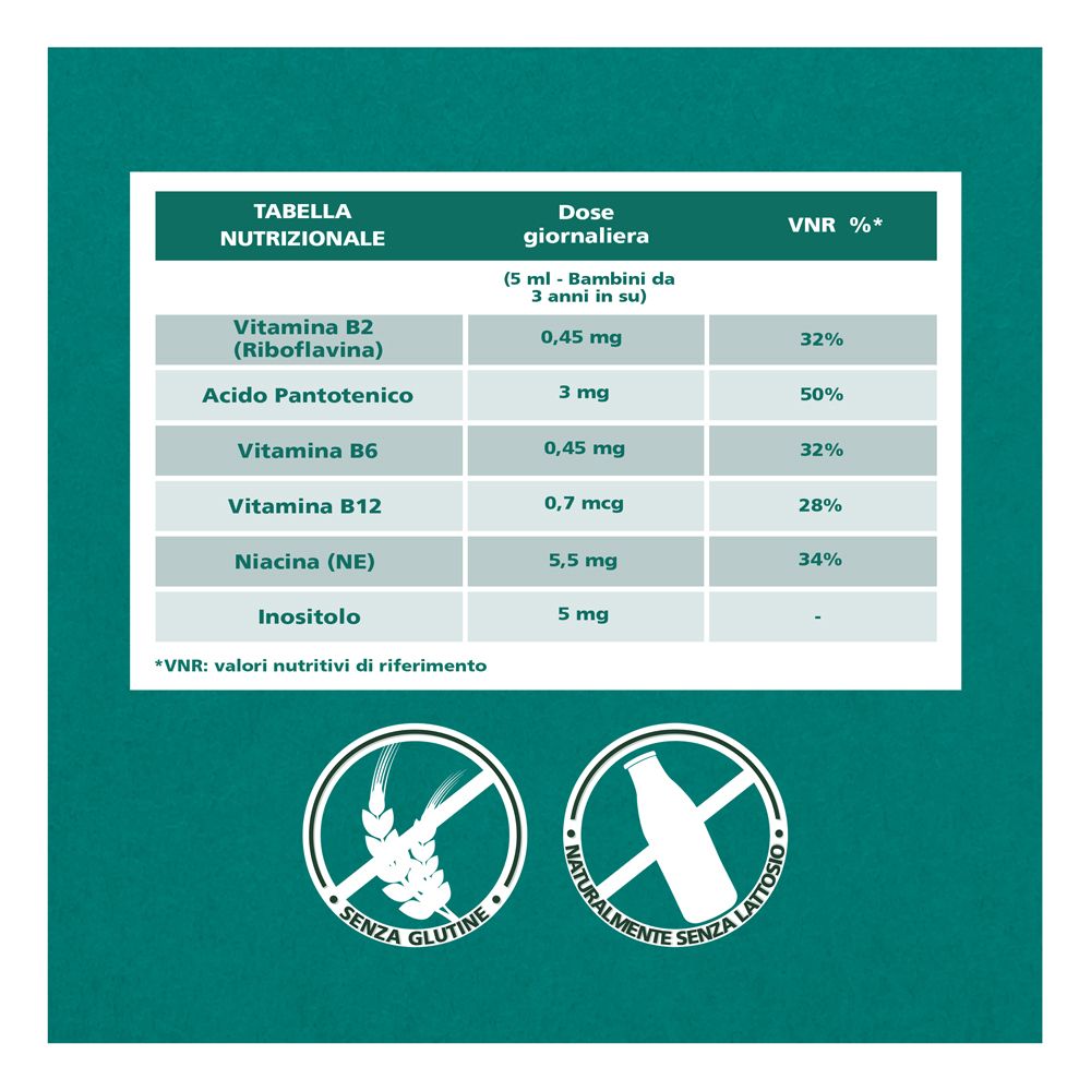 Tabella nutrizionale. Vitamine B2, B6, B12, niacina, inositolo. Senza glutine e lattosio.