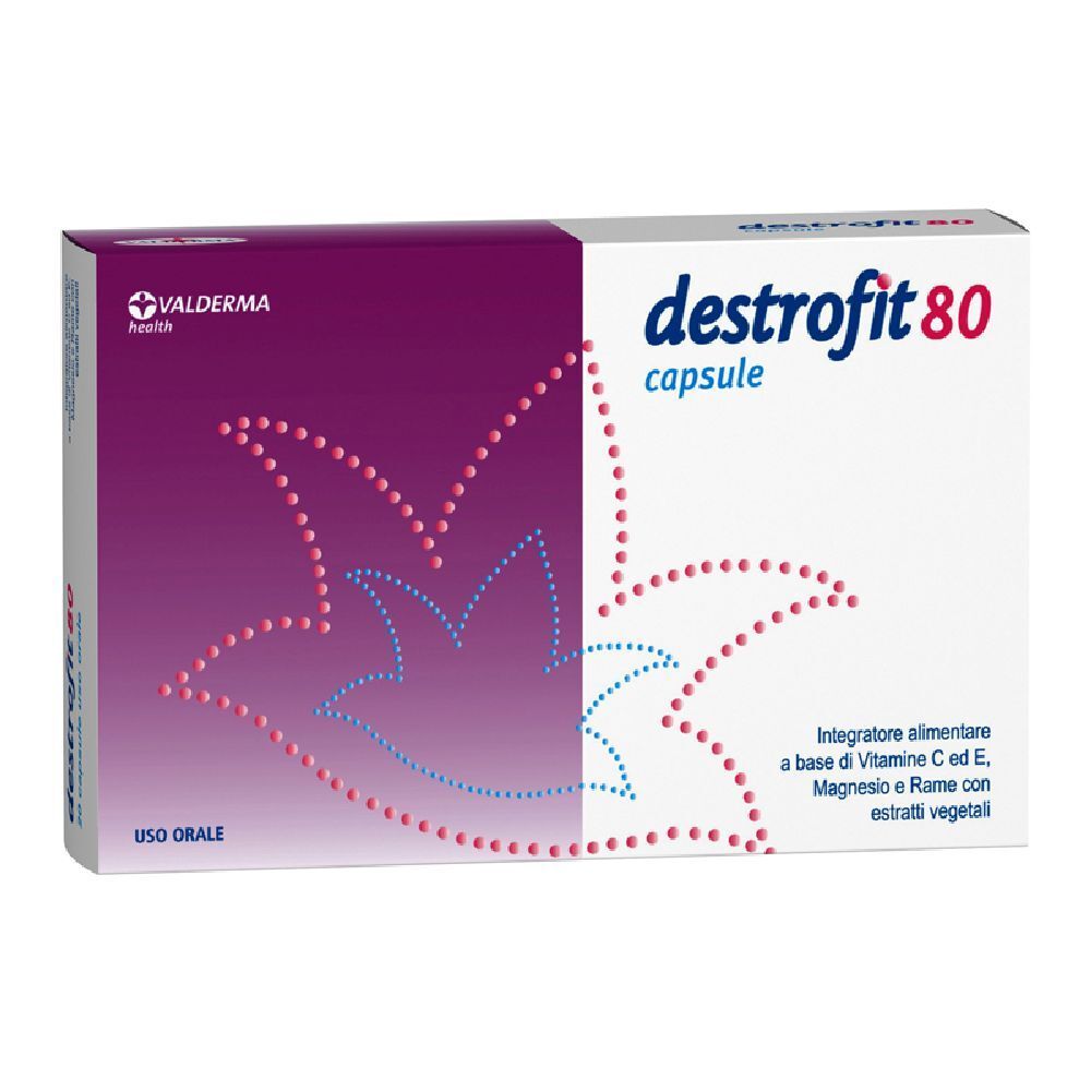 Confezione di Destrofit 80 Capsule. Scatola bianca con dettagli viola e nome del prodotto. Contiene vitamina C, magnesio ed estratti vegetali.
