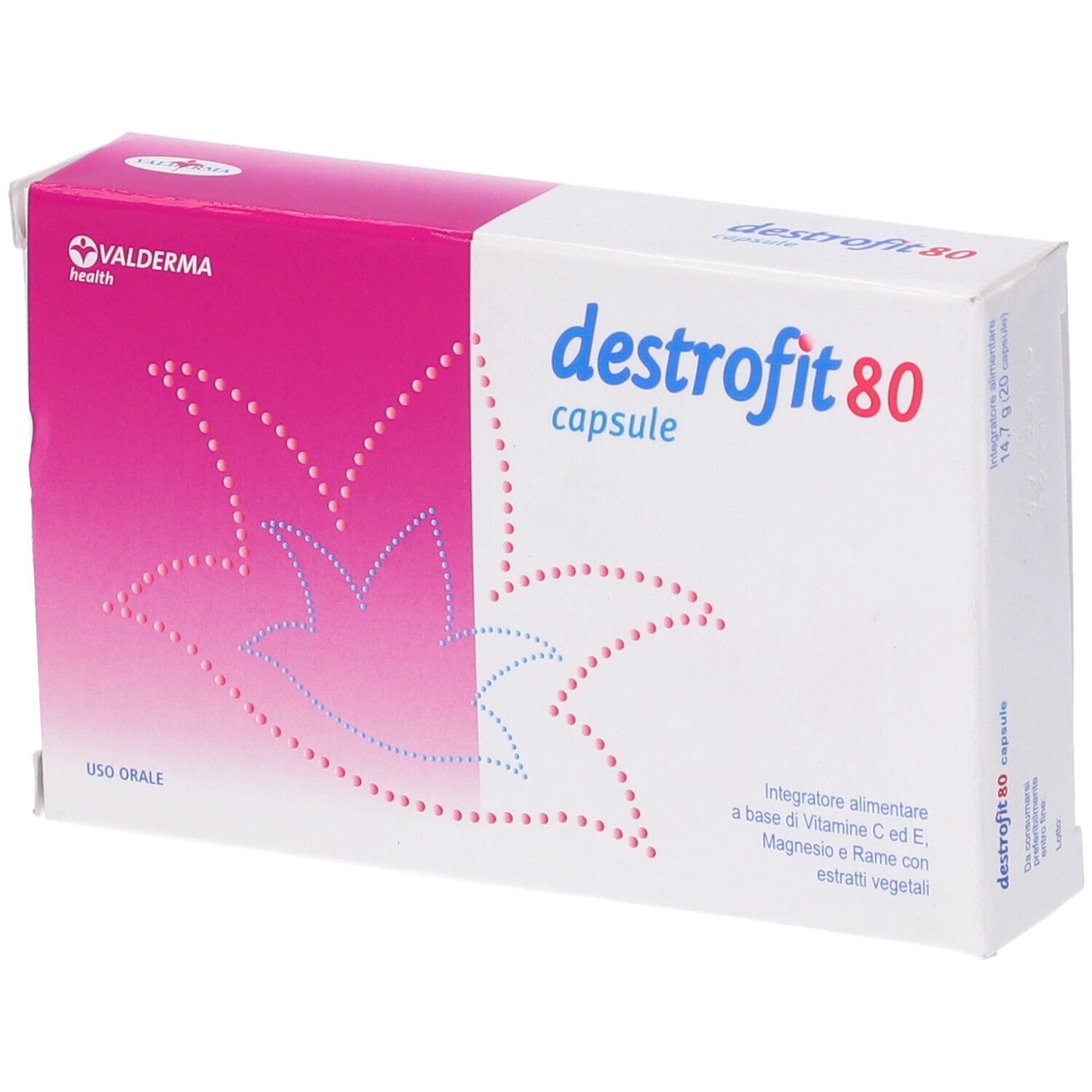 Confezione di Destrofit 80 Capsule. Scatola bianca con dettagli rosa e nome del prodotto. Contiene vitamina C, magnesio ed estratti vegetali.