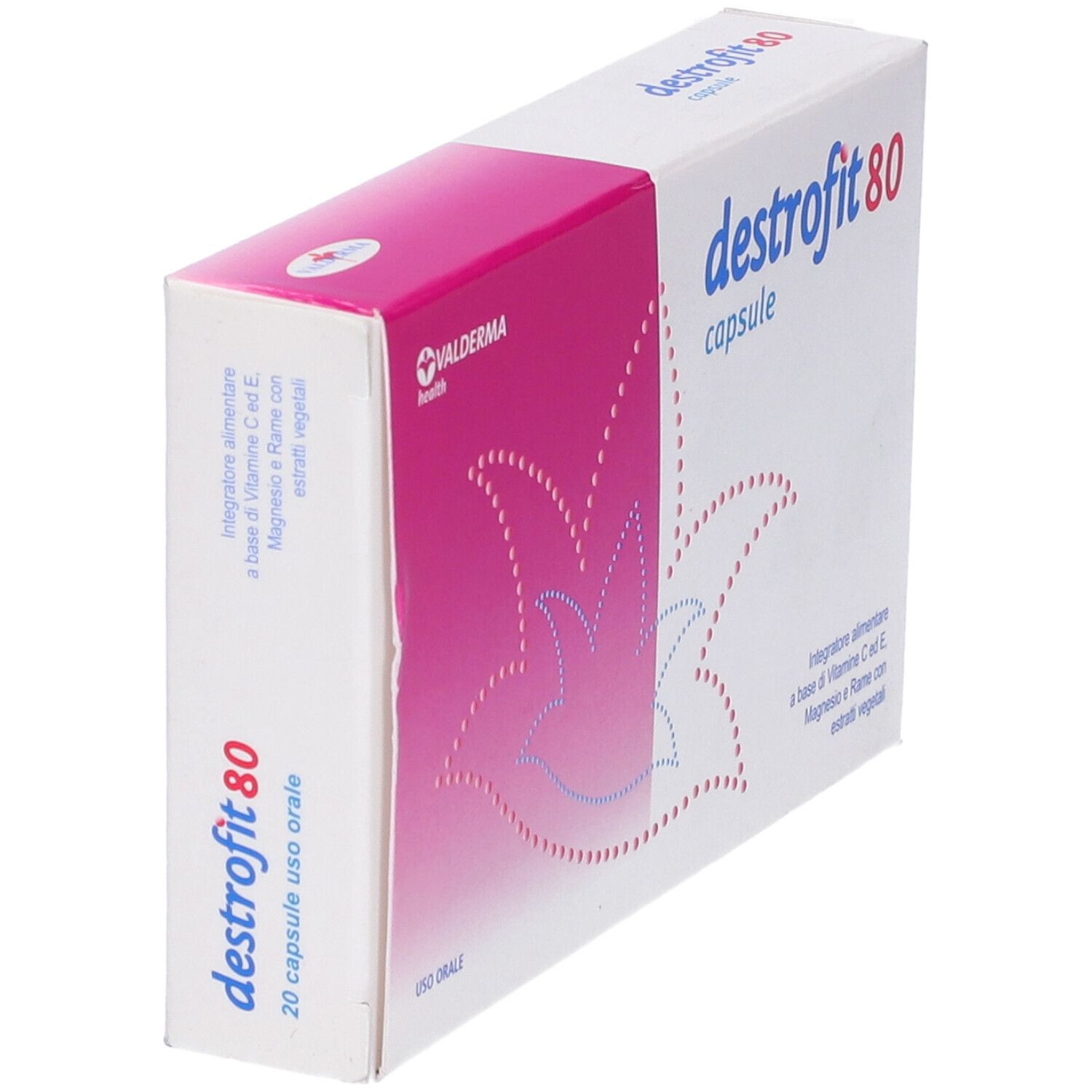 Confezione di Destrofit 80 Capsule. Scatola bianca con dettagli rosa e nome del prodotto. Contiene vitamina C, magnesio ed estratti vegetali.