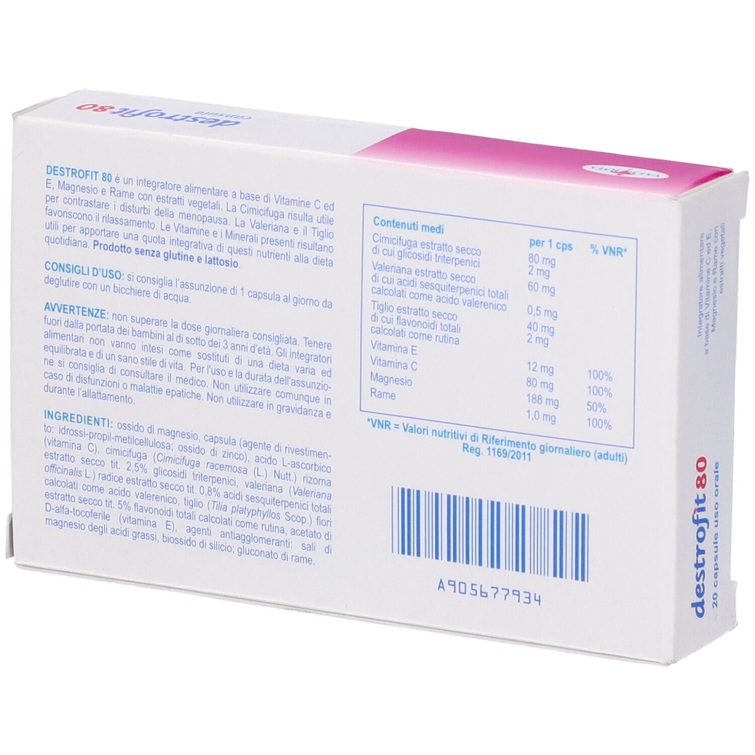 Retro della confezione di Destrofit 80 Capsule. Contiene informazioni sugli ingredienti, i valori nutrizionali e le istruzioni per l'uso.
