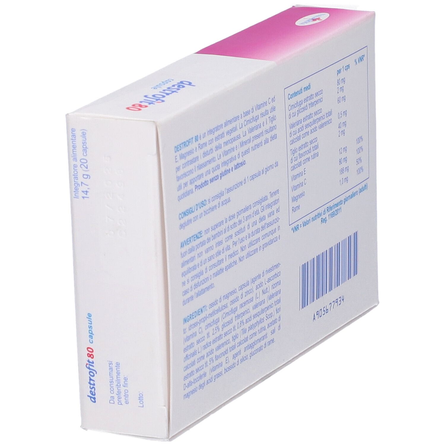 Vista laterale della confezione di Destrofit 80 Capsule. Contiene informazioni sugli ingredienti, i valori nutrizionali e le istruzioni per l'uso.