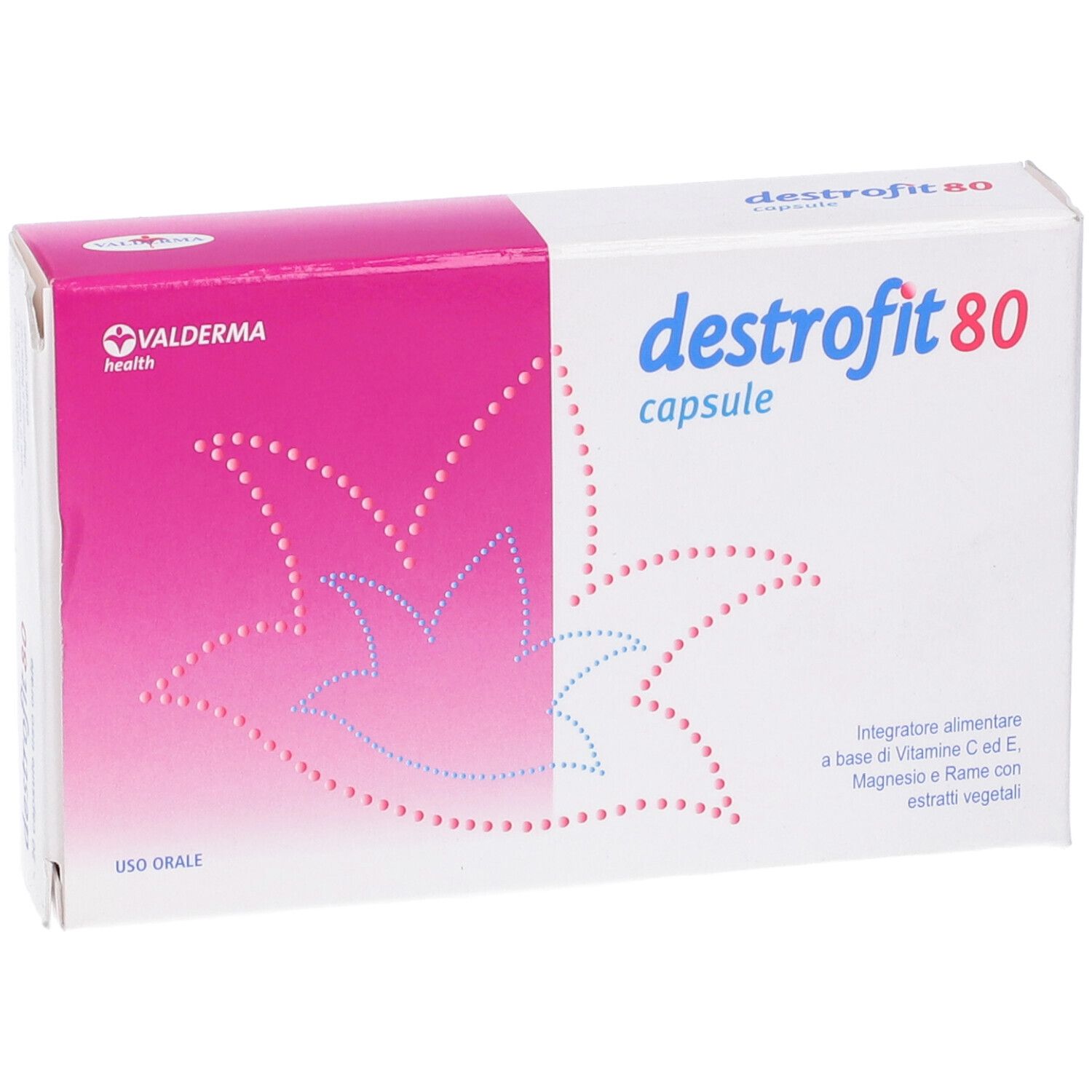 Confezione di Destrofit 80 Capsule. Scatola bianca con dettagli rosa e nome del prodotto. Contiene vitamina C, magnesio ed estratti vegetali.