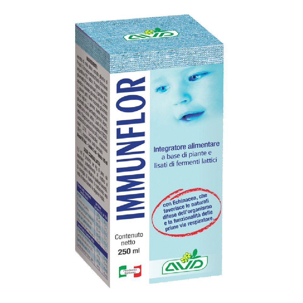 Scatola con stampa del prodotto. Scritta: IMMUNFLOR. Contiene 250 ml. Con immagine di un bambino. Testo: Integratore alimentare.