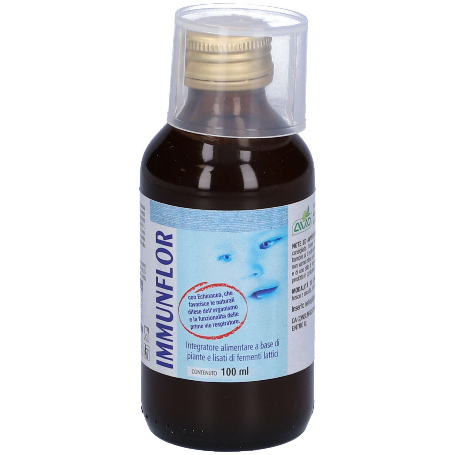 Flacone marrone con liquido. Scritta: IMMUNFLOR. Con tappo dosatore. Contiene 100 ml. Con immagine di un bambino. Testo: Integratore alimentare.