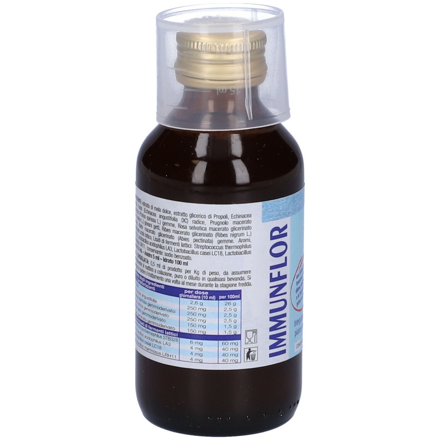 Flacone marrone con liquido. Scritta: IMMUNFLOR. Con tappo dosatore. Contiene 100 ml. Con immagine di un bambino. Testo: Integratore alimentare.