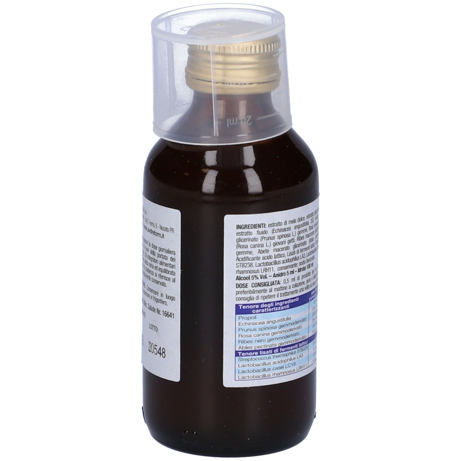 Flacone marrone con liquido. Scritta: IMMUNFLOR. Con tappo dosatore. Con testo e tabella. Con immagine di un bambino. Testo: Integratore alimentare.
