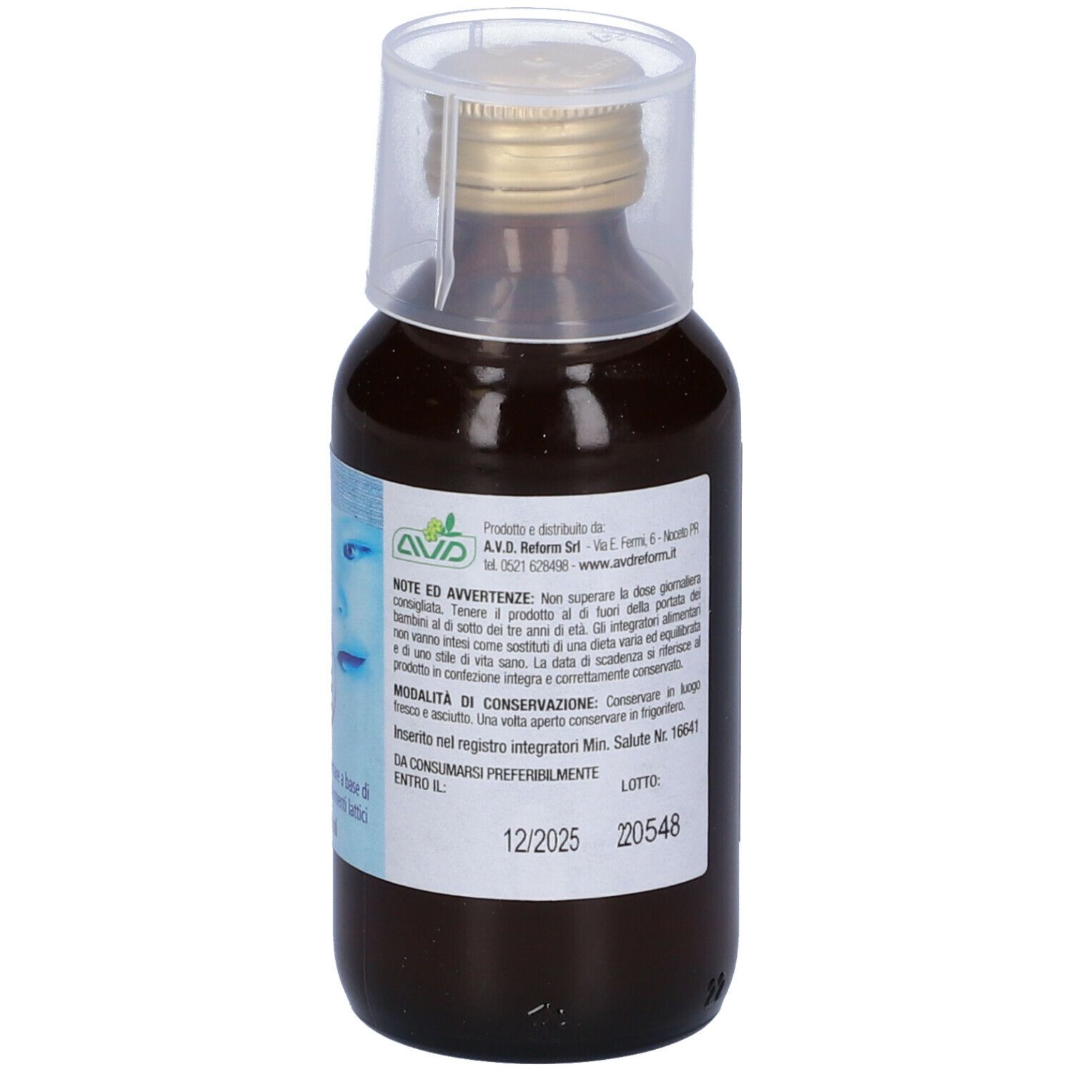 Flacone marrone con liquido. Scritta: IMMUNFLOR. Con tappo dosatore. Con testo. Con immagine di un bambino. Testo: Integratore alimentare.
