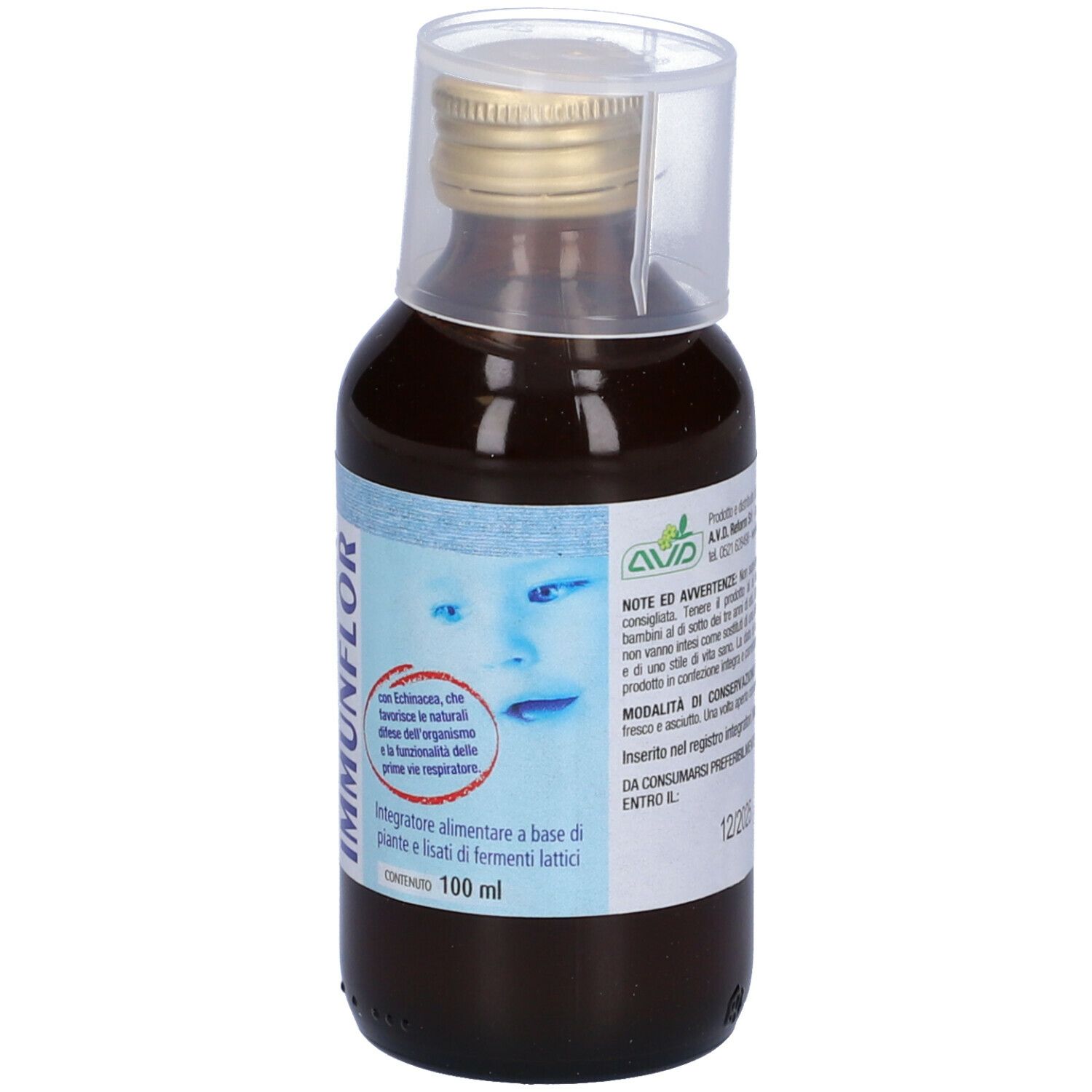 Flacone marrone con liquido. Scritta: IMMUNFLOR. Con tappo dosatore. Con testo. Con immagine di un bambino. Testo: Integratore alimentare.