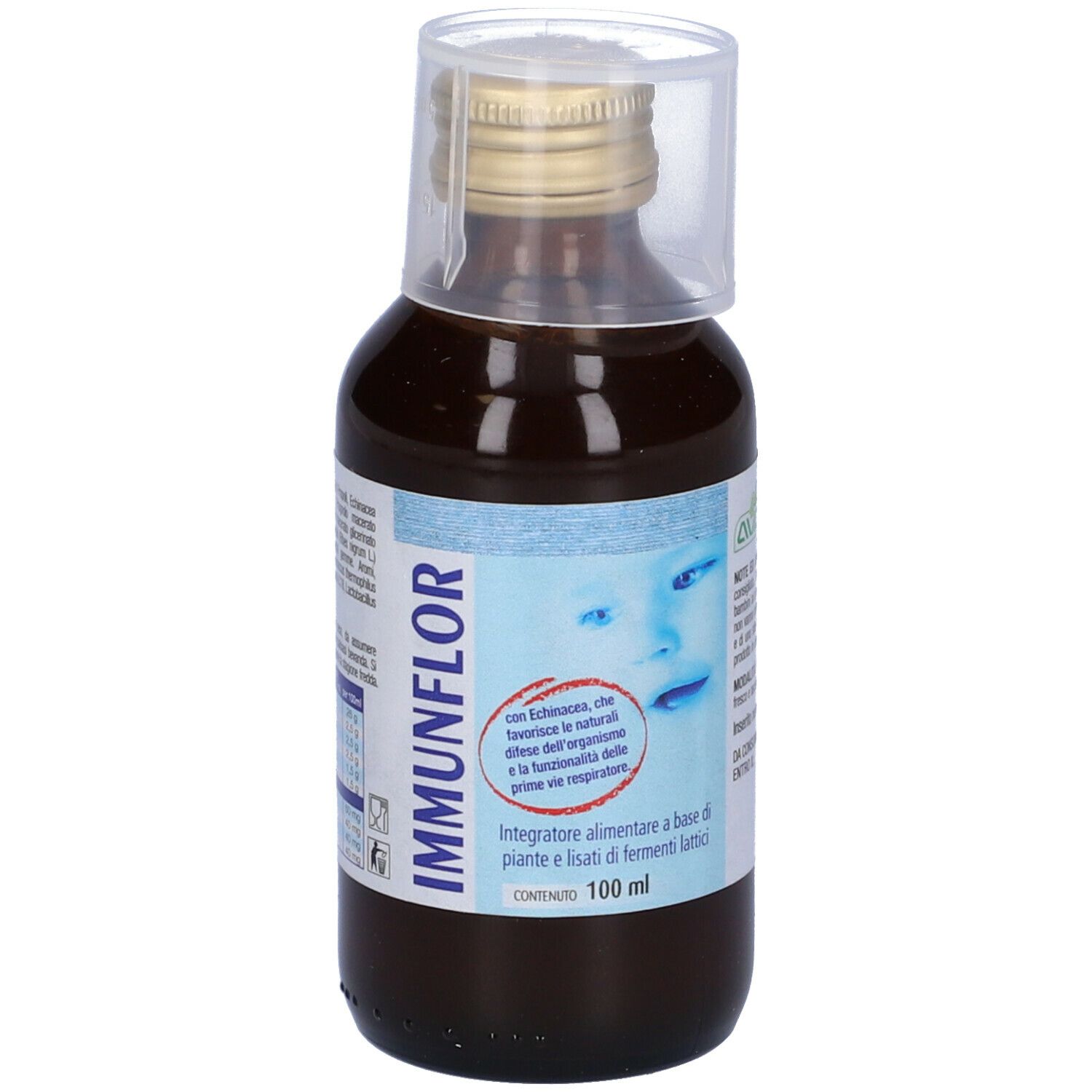 Flacone marrone con liquido. Scritta: IMMUNFLOR. Con tappo dosatore. Con testo. Con immagine di un bambino. Testo: Integratore alimentare.