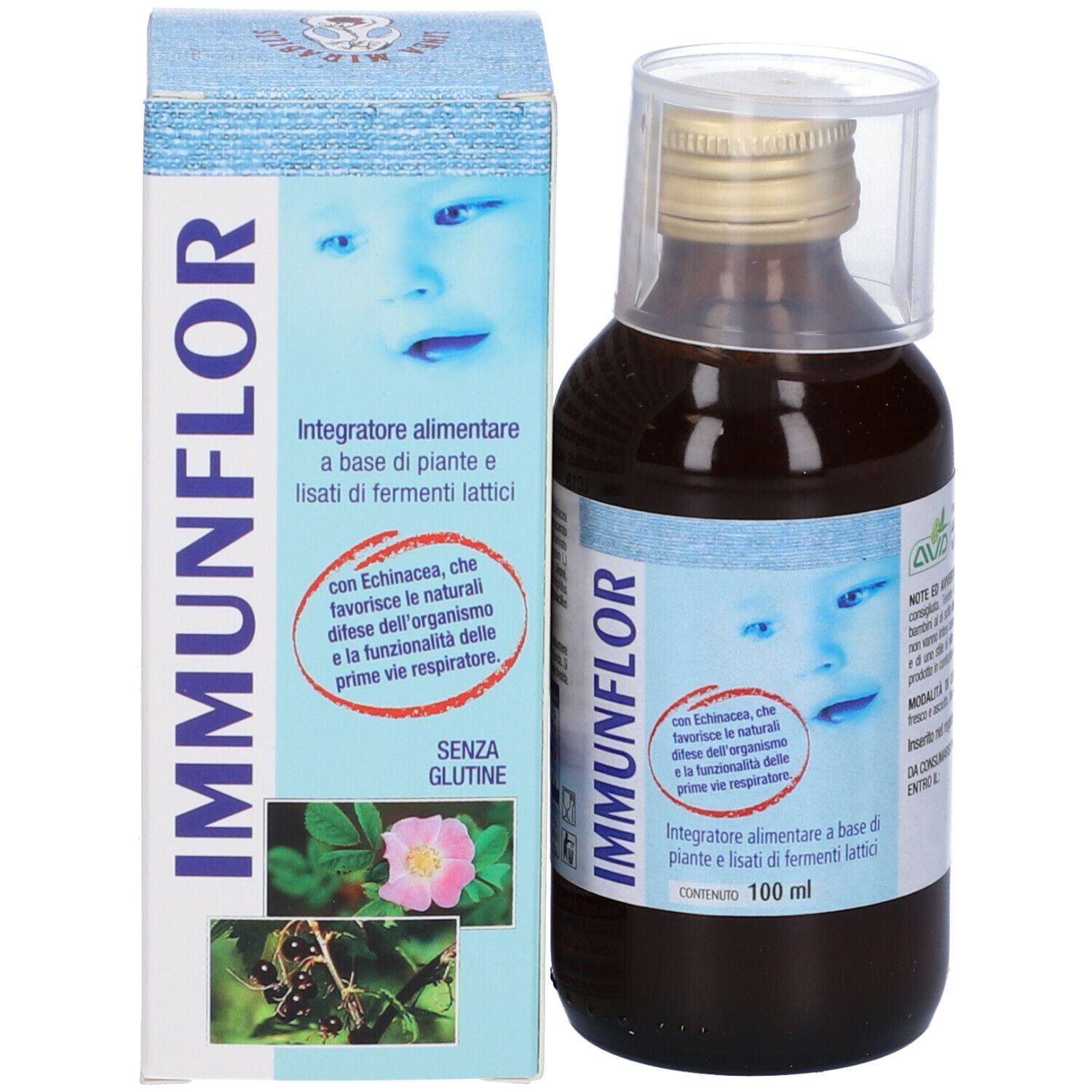 Flacone e scatola del prodotto. Scritta: IMMUNFLOR. Con tappo dosatore. Con immagine di un bambino. Testo: Integratore alimentare. Senza glutine.