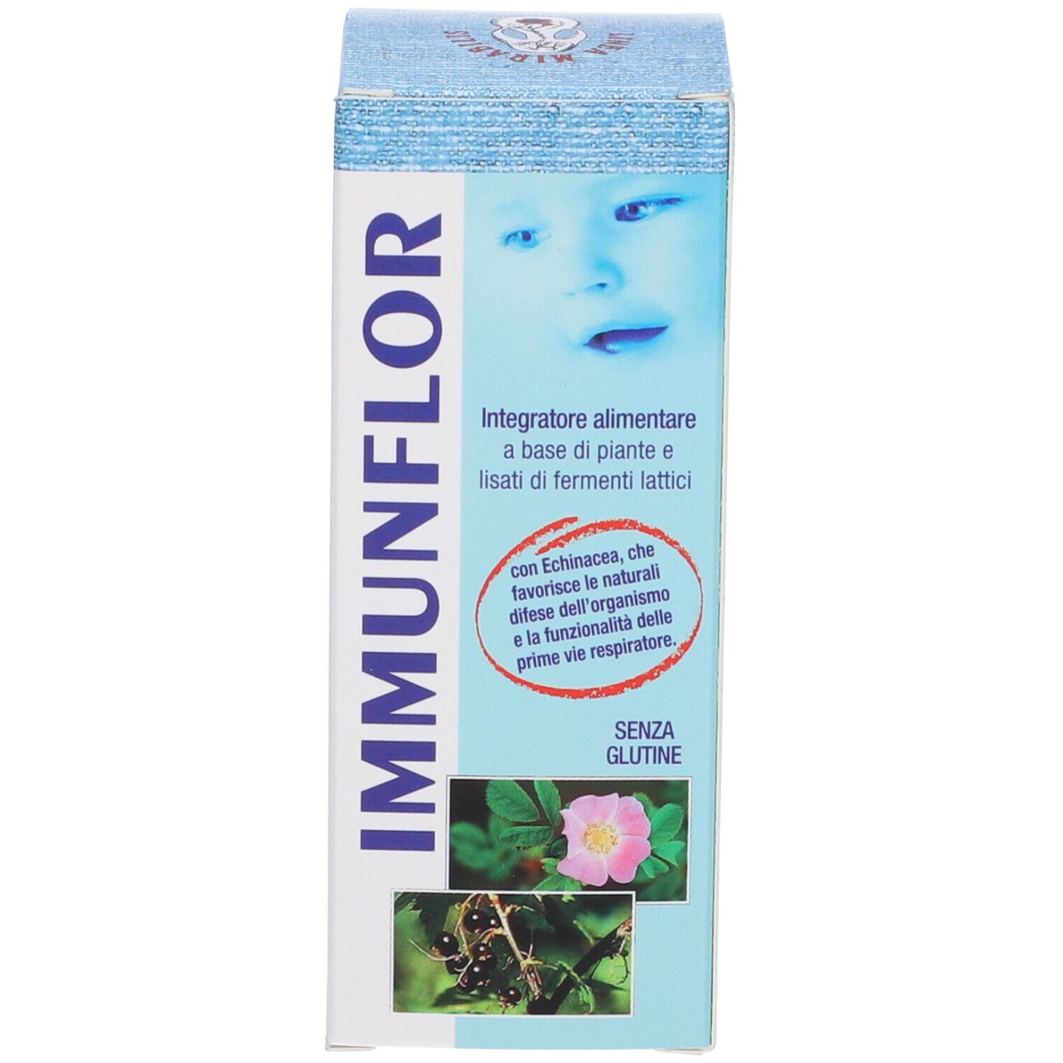 Scatola con stampa del prodotto. Scritta: IMMUNFLOR. Con immagine di un bambino. Testo: Integratore alimentare. Senza glutine. Con fiori.