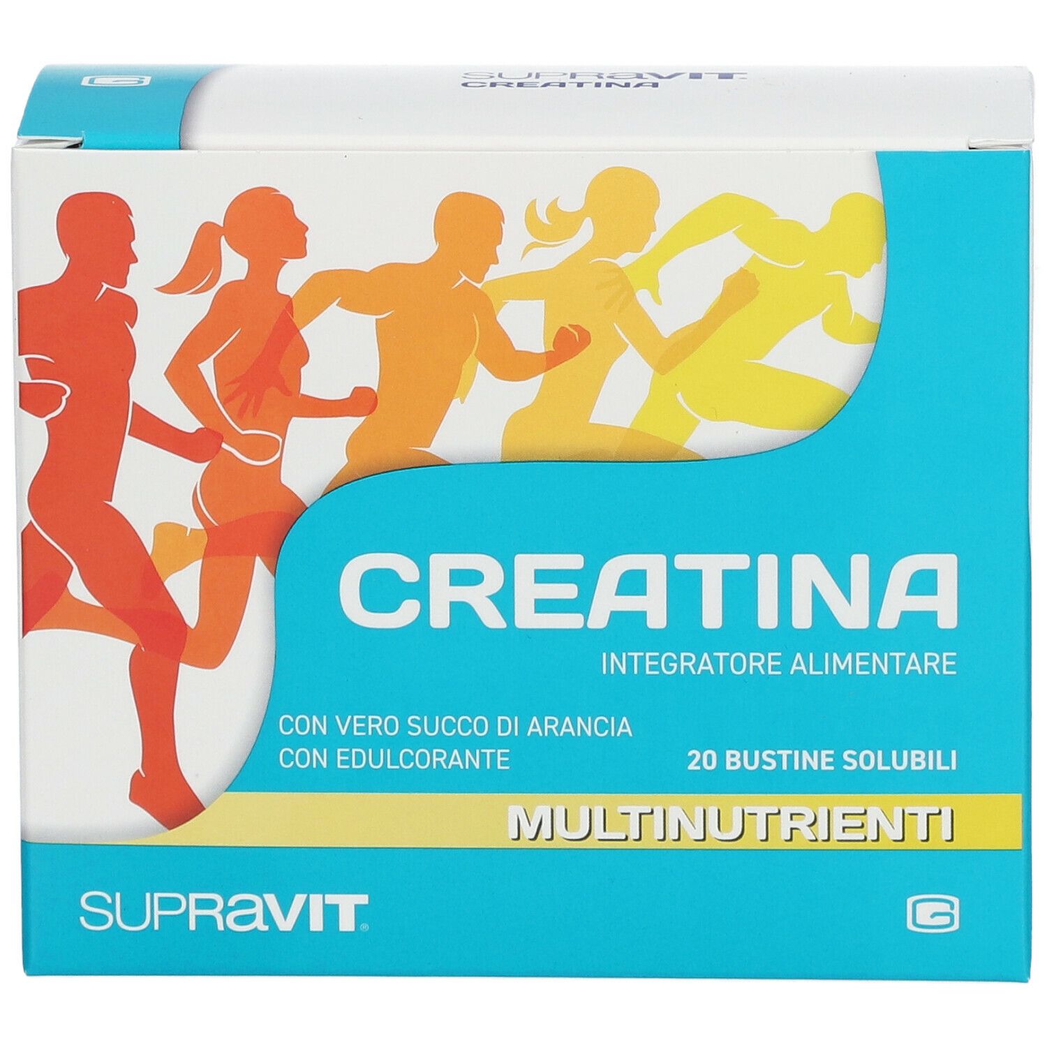 Vorderansicht der SUPRAVIT Kreatin-Schachtel. Aufdruck: CREATINA, 20 Beutel, Multivitamin. Abbildung von Läufern.