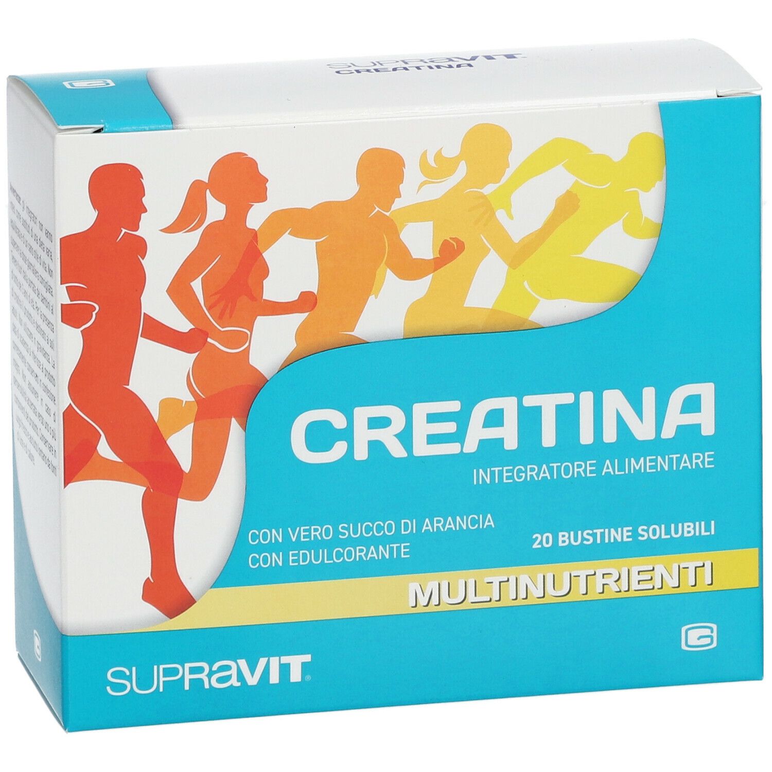 Vorderansicht der SUPRAVIT Kreatin-Schachtel. Aufdruck: CREATINA, 20 Beutel, Multivitamin. Abbildung von Läufern.